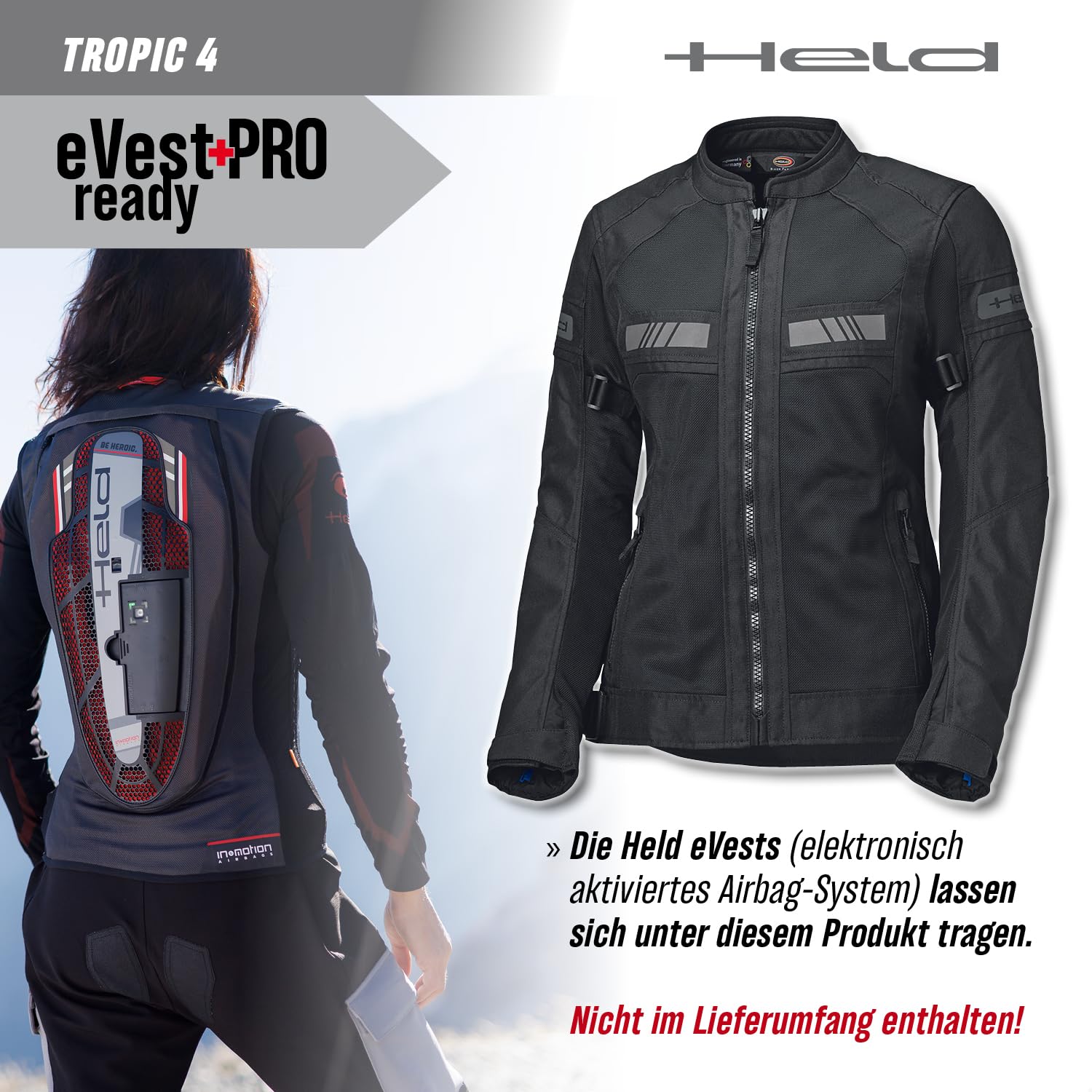Held Tropic 4 Top Veste de moto d'été pour femme - Veste d'été sportive et aérée en maille - Veste de moto légère avec protections D3o Ghost Level 1 - Classe de protection CE - Noir - Taille M