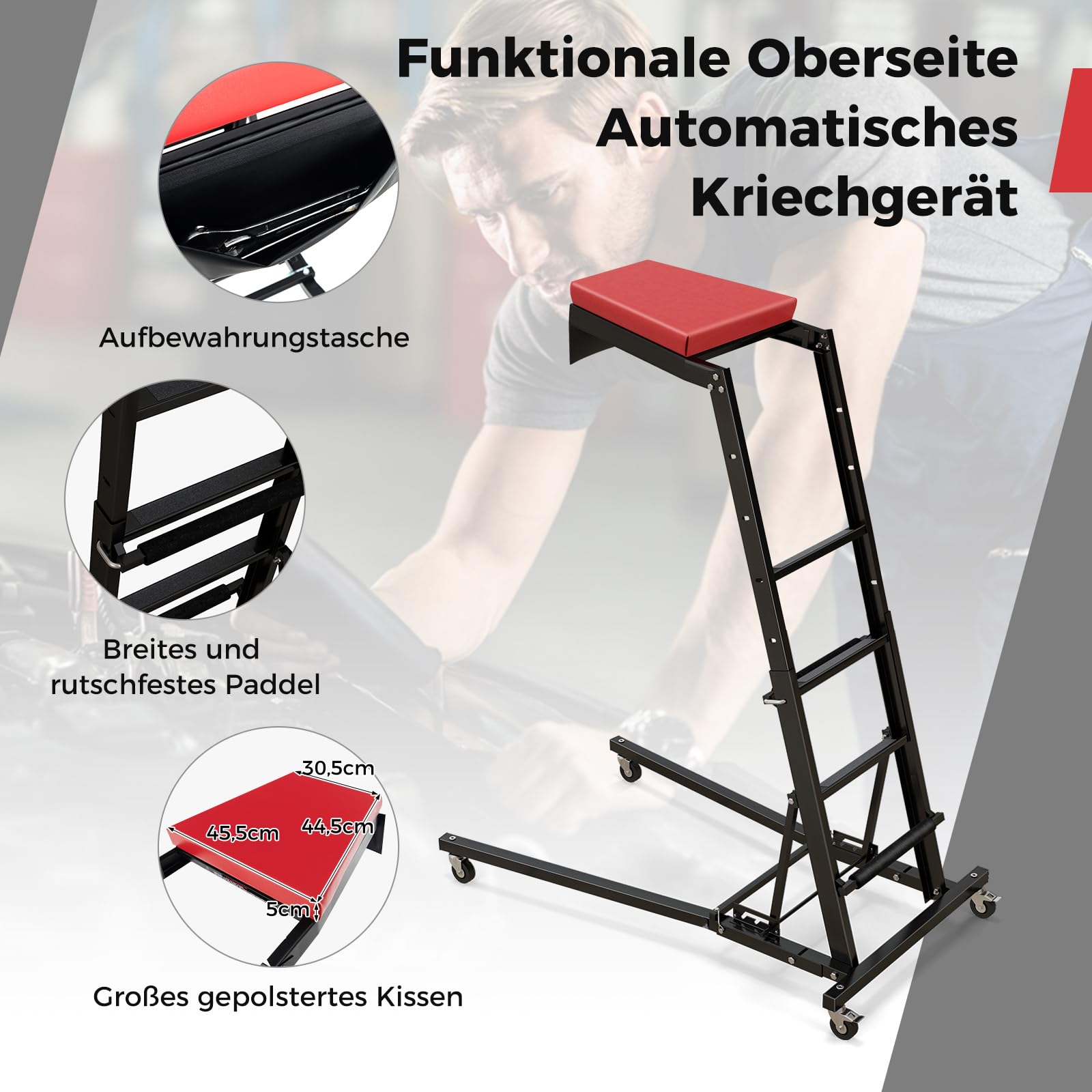 COSTWAY Werkstatthocker mit Leiter 114,5-168 cm Höhenverstellbar, 4 Stufenleiter mit Werkzeugplattform & Rollen, Werkstatt Montagerollbrett Montagerollleiter, Topside Creepers für LKW & SUV
