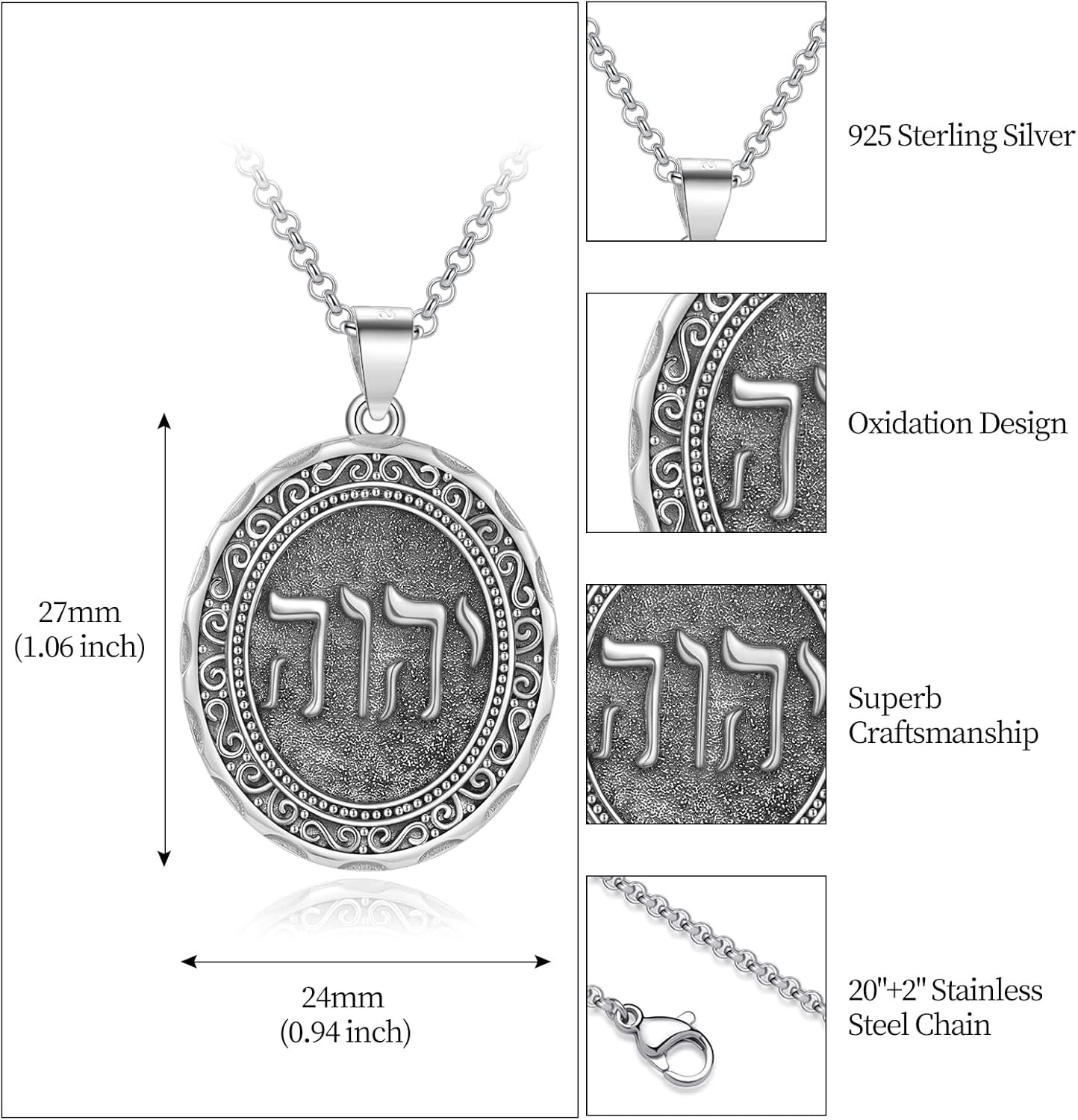 Tetragrammaton/Thors Hammer/Viking Axe/Jewish/Yahweh Necklace for Men 925 Sterling Silver Viking Norse Pagan Jewelry Gifts for Women
