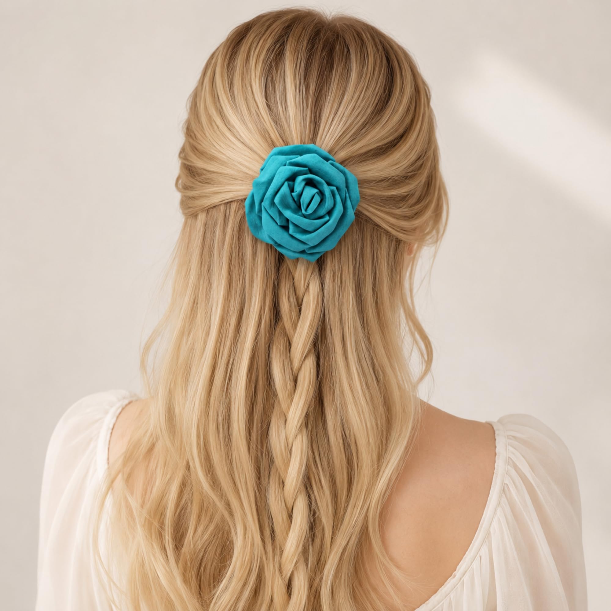 ORIENTAè Set Accessori Capelli Donna, Rosa e Fiocco con Fermaglio | Seta Thailandese, Mollette Eleganti Azzurro e Turchese, Accessori Capelli Cerimonia, Regalo Donna