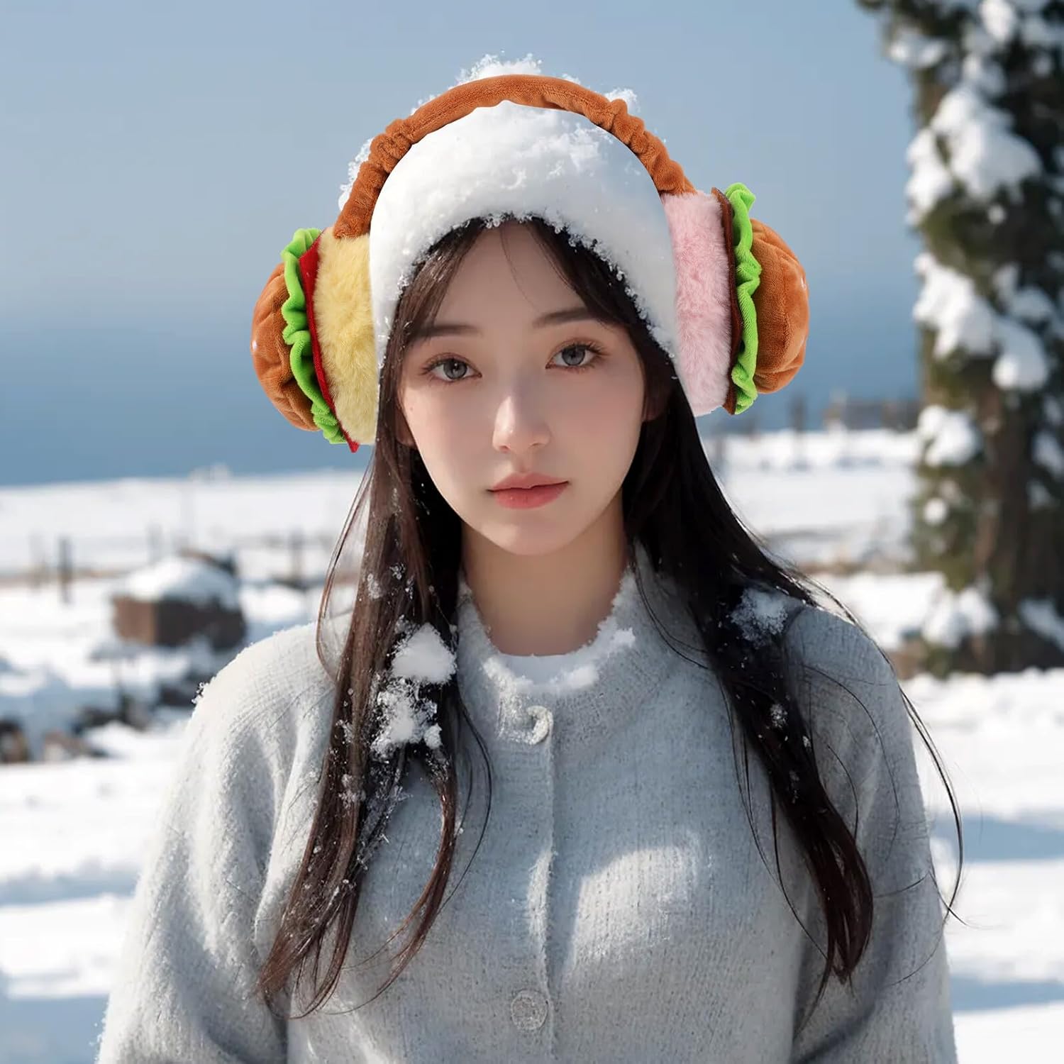 Didiseaon Foldable Plush Thermal Ear Muffs Hamburger Cartoon Design Warm Furry Ear Cover Winter Cold Weather Outdoor Earmuffs