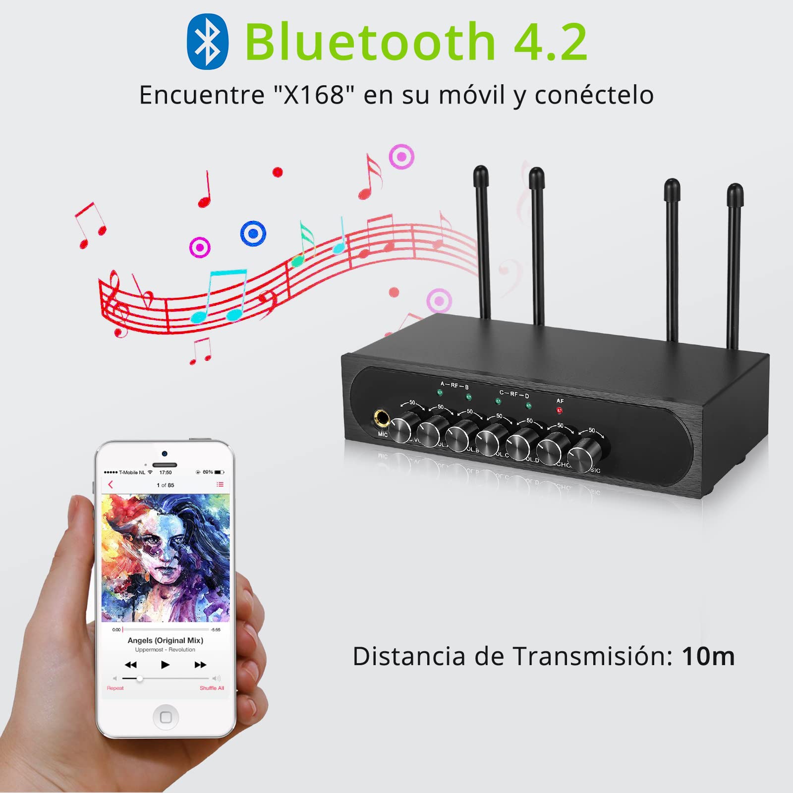 LiNKFOR Sistema de Micrófono Inalámbrico UHF 50x4 Canales Micrófonos Inalámbricos Portátiles con Eco Bluetooth Entrada y Salida AUX Frecuencia Elegible para Karaoke Bodas DJ Iglesia Regalo