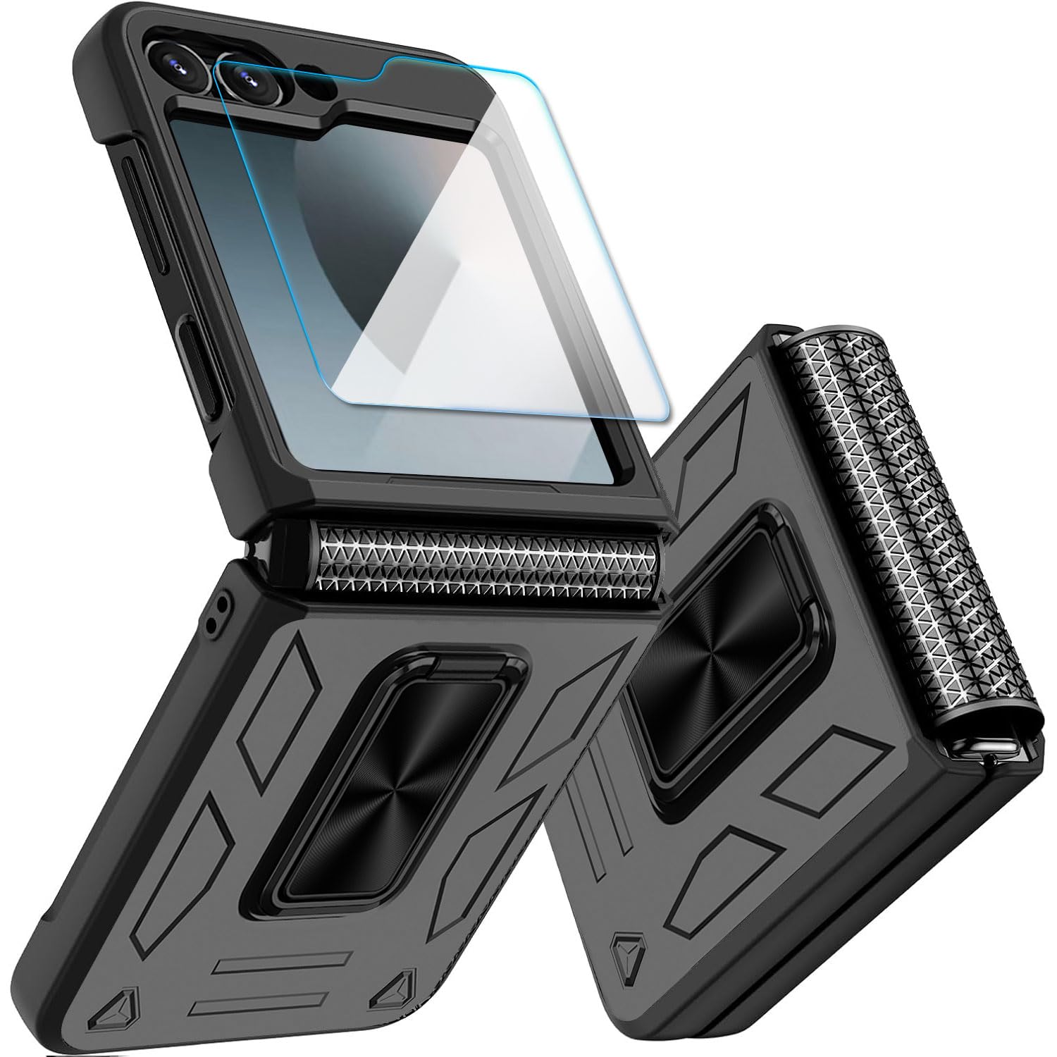 for Galaxy Z Flip7 FE/Z Flip 6 Case, Samsung Flip 6/Flip 5 Case with Hinge Protection/Kickstand/Screen Protector,Slim Shockproof Phone Case for Samsung Galaxy Flip7 FE/Z Flip 6 2024,Black