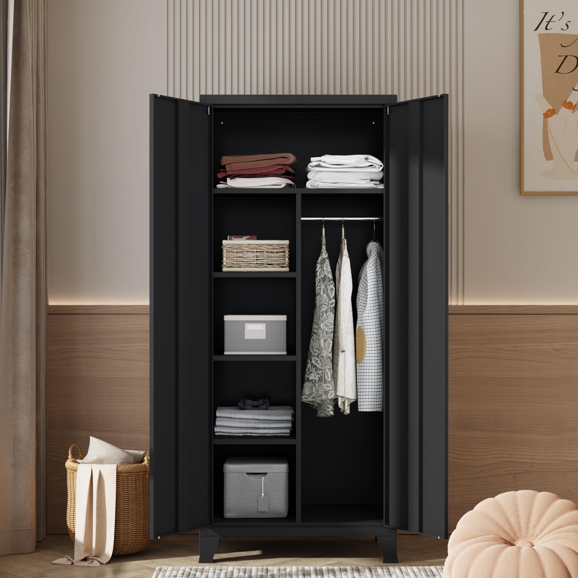 [en.casa] Armadio a 2 Ante per Guardaroba con Spazio Appendiabiti Scomparti Ripiani Rimovibili Armadio in Acciaio da Ingresso Camera da Letto 180 x 90 x 40 cm - Nero