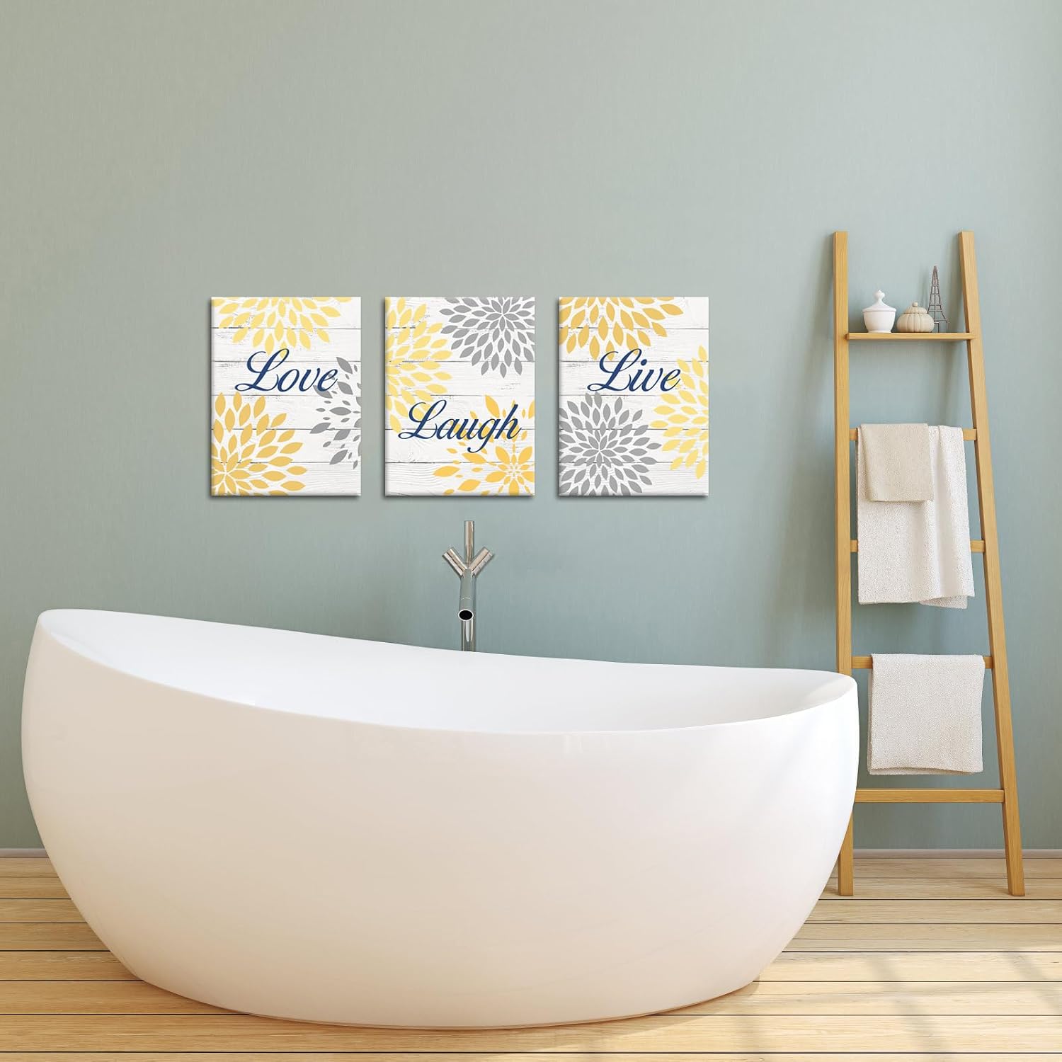 RnnJoile Mustard Yellow Wall Decor Yellow and Grey Pictures Painting Live Love Laugh Sign with Dahlia Floral Canvas Prints for Bathroom Decor Framed 12x16 Inch