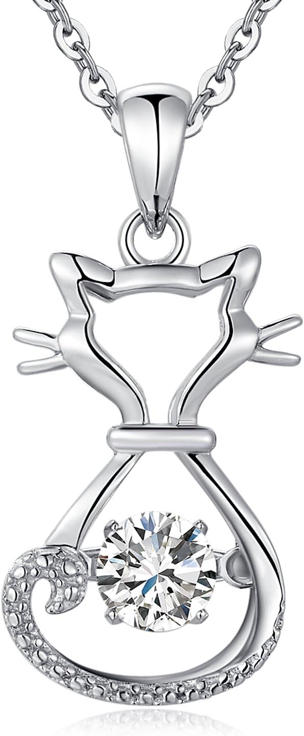 jiamiaoi 18K White Gold Plated Cat Necklace 925 Sterling Silver Diamond Cat Necklace Silver Cat On Moon Necklace for Women Gift for Birthday/Christmas, Come with Gift Box