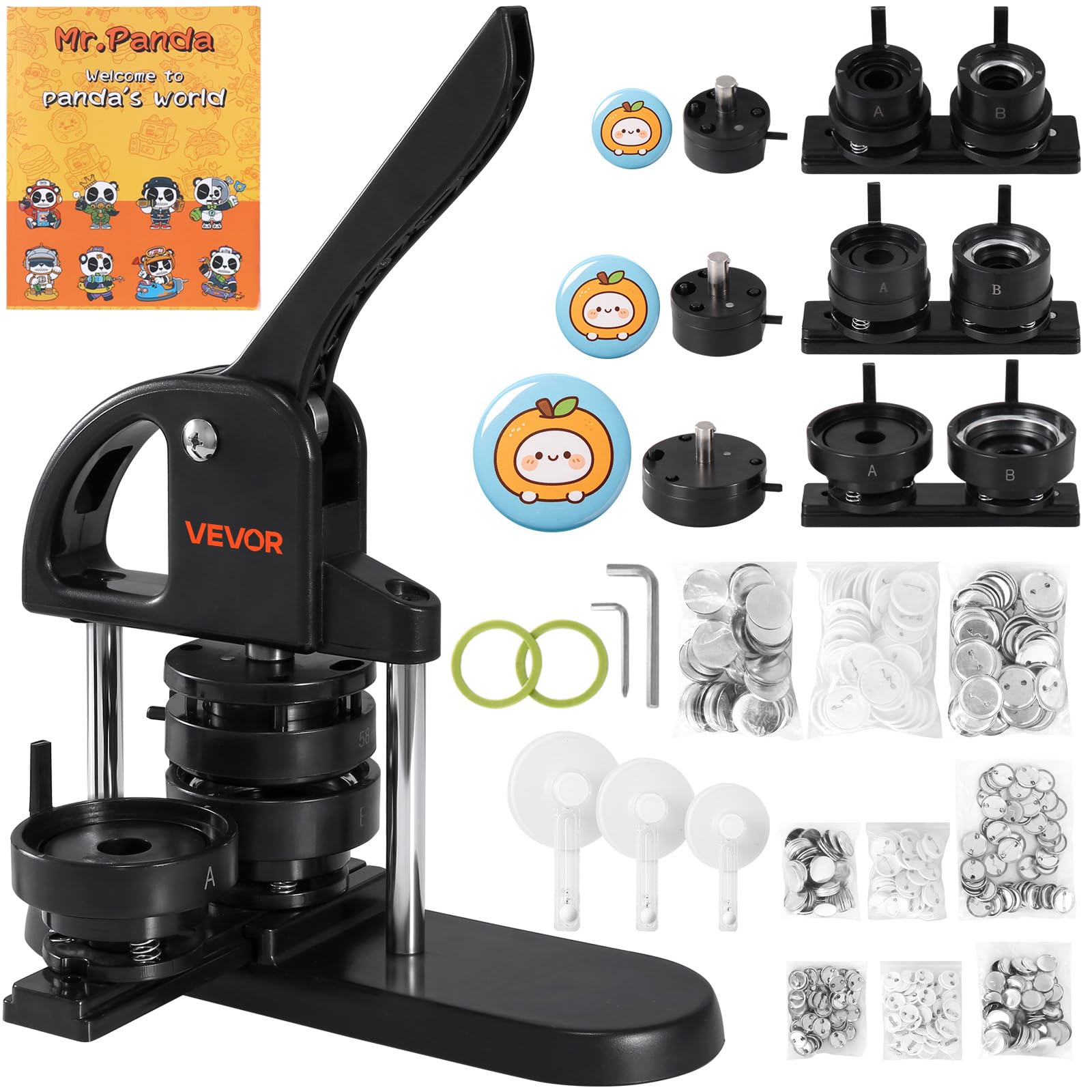 VEVOR Kit per Fustellatrice Manuale di Badge Spillo Bottoni Diametro 25/32/58mm 300 Pezzi, Kit di Punzonatrice Manuale in Plastica per Badge Spillo Fai-da-te con Accessori Completi per Hobby Regali
