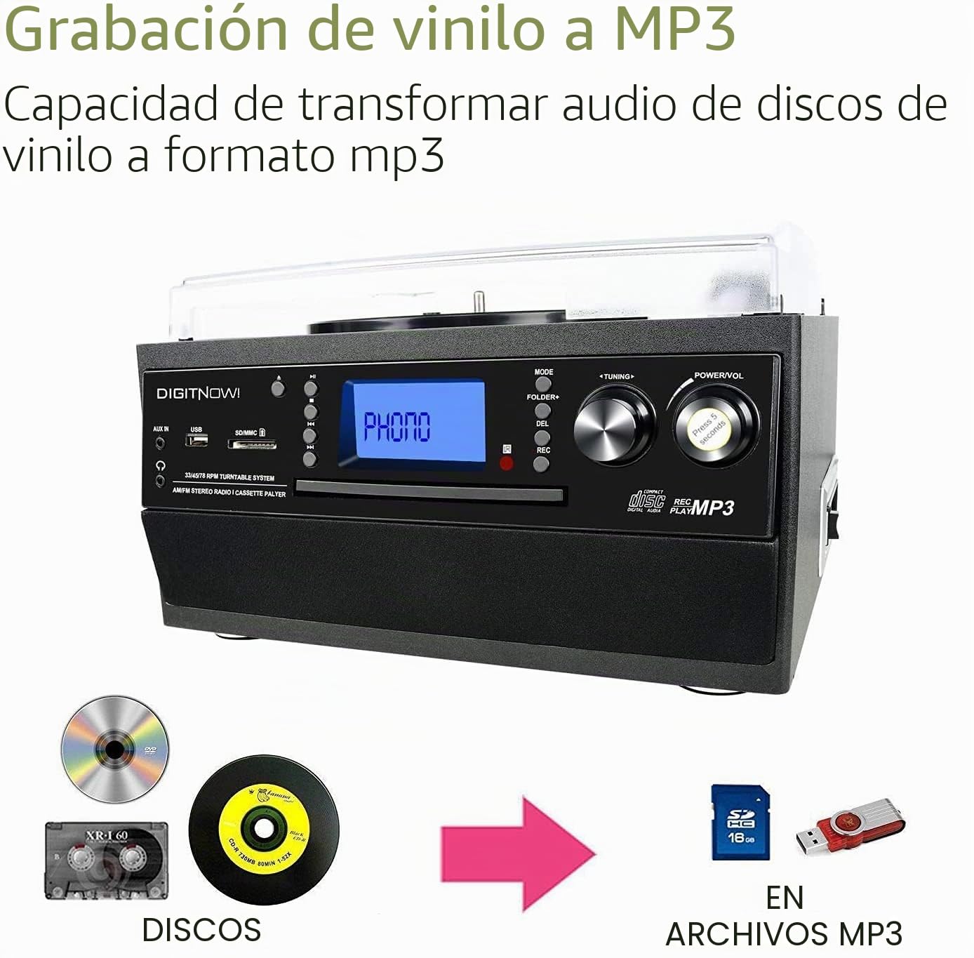 DIGITNOW! Tocadiscos para vinilos, Apto para CD, Casete, Radio Am/FM, Entrada Auxiliar, Puerto USB y codificación SD, con Mando a Distancia, Bluetooth y Altavoces estéreo Independientes