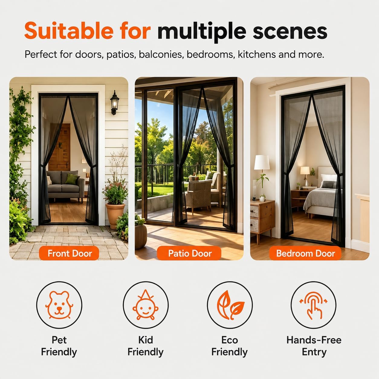 Magnetic Screen Door 38”x83” Fits 36”x82” Door Frame, Heavy Duty Fiberglass Mesh Screen with Strong Magnets, Auto Close Hands-Free Door Screen for Patio, Front Door, Sliding Door, Black