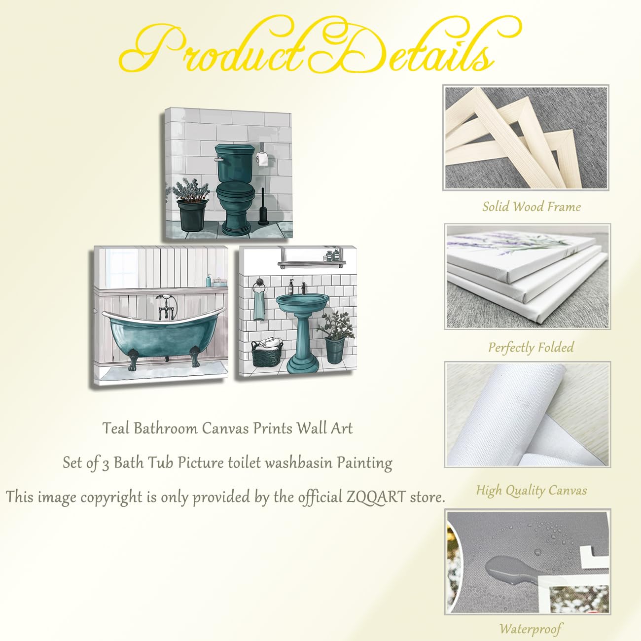 ZQQART Set di 3 stampe su tela per bagno, decorazione da parete per bagno, set di 3 cornici artistiche da parete (verde acqua, 30,5 x 30,5 x 30,5 x 3)