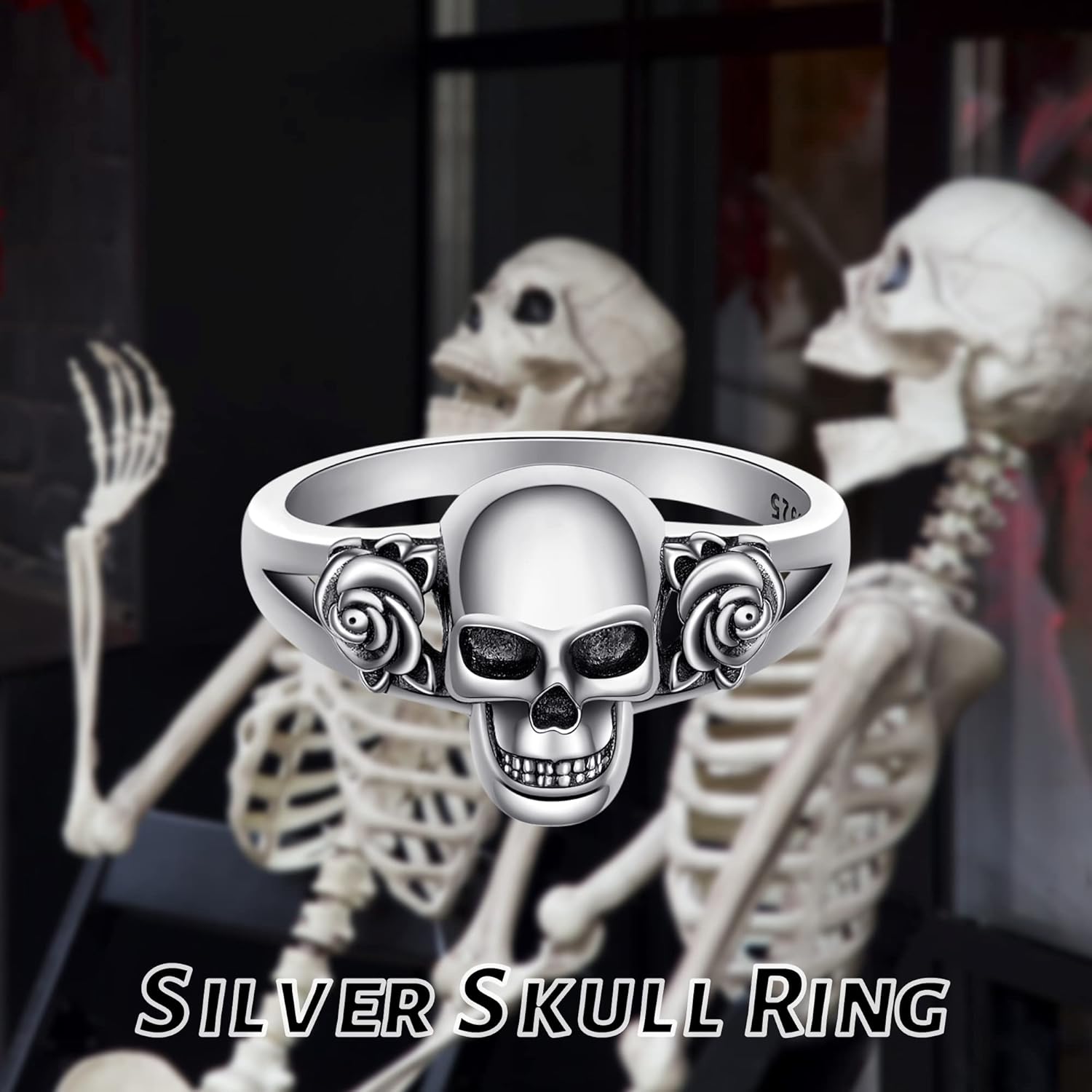 Skull Rings Sterling Silver Skull Rose Ring With Vampire Coffin Gothic Skeleton Jewelry Gift for Women