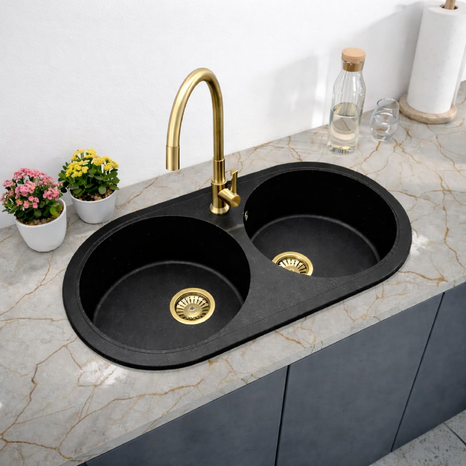 QLS Doppelbecken-Siphon manuell 3 1/2 Zoll wandnah Gold | Platzsparende Bauweise aus PVC und Edelstahl mit Anschluss für Geschirrspüler, Waschmaschine, inkl. Montageset und Dichtungen