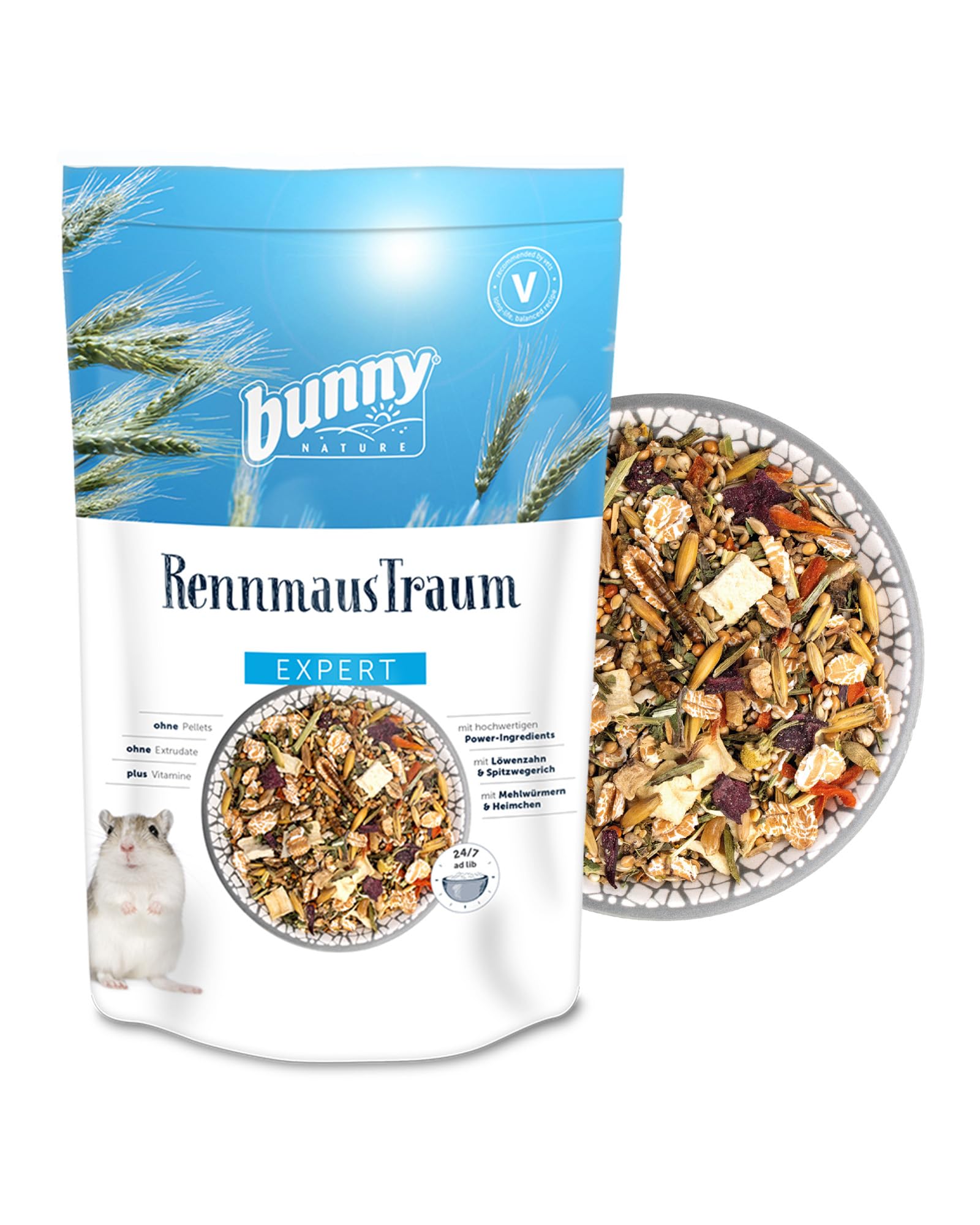 bunnyNature RennmausTraum Expert - Alleinfuttermittel für Rennmäuse - Nager-Futter Mix mit Vitaminen, Power-Ingredients & Mehlwürmern - 500g