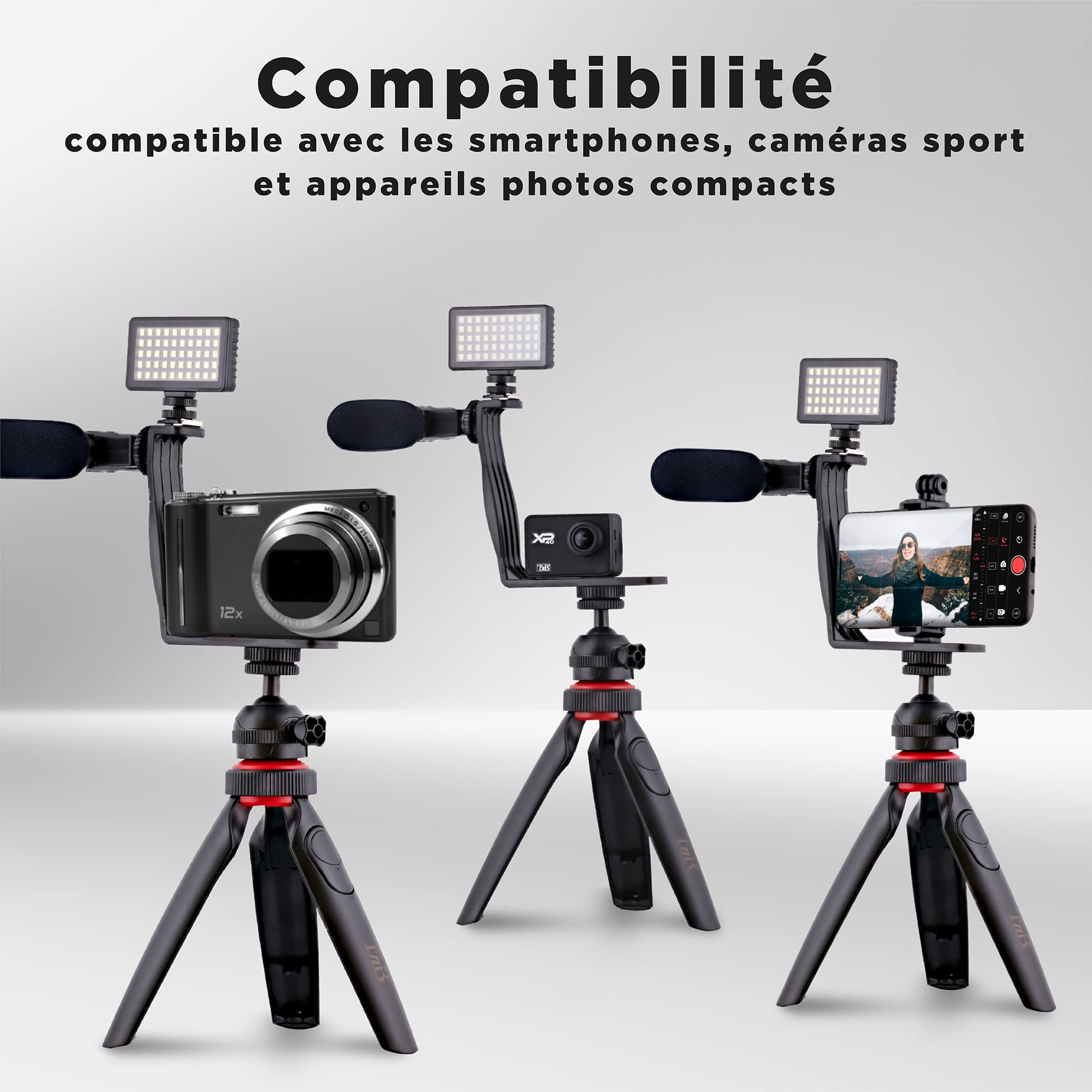 T’NB Influence Kit Vidéo pour Smartphone avec Trepied, Kit Vlogging, Lumière LED, Microphone avec Bonnette, 3 Filtres de Couleur, Télécommande sans Fil, Compatible Android/iPhone - Noir