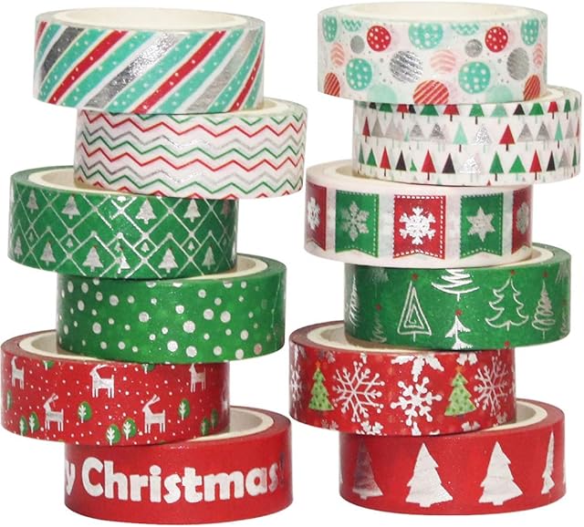 YUBBAEX Christmas Washi Tape Set Gold Foil Masking Tape Decorative for Arts, DIY Crafts, Bullet Journal Supplies, Planners, Scrapbook, Card/Gift Wrapping -15mm- (Silver X'Mas 12 Rolls)
