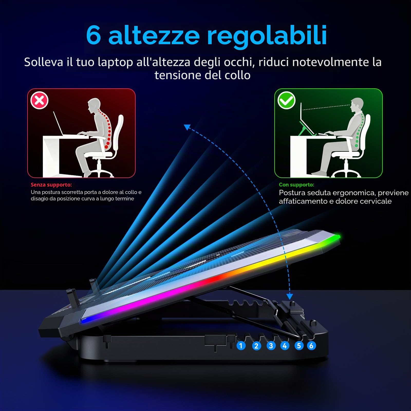 ICE COOREL Tappetino di raffreddamento per laptop da gioco con 8 ventole di raffreddamento, pad di raffreddamento RGB per laptop da 15-17,3 pollici, supporto per laptop con 6 altezze regolabili, pad