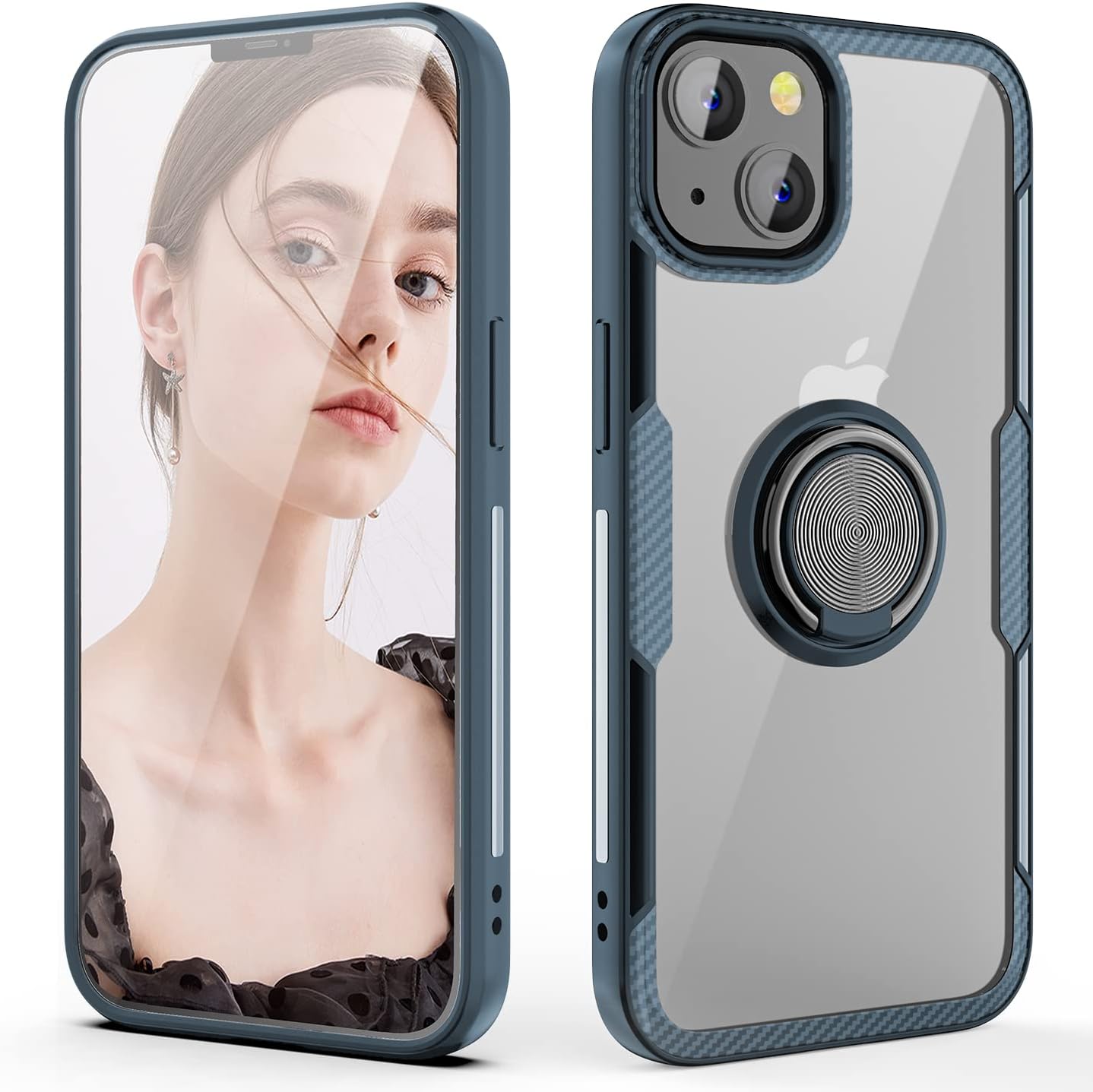 WATACHE Compatible with iPhone 13 Case,Full Body Heavy Duty Crystal Clear Protective Anti-Scratch Shockproof Case [Work with Magnetic Car Mount] with Rotation Ring Holder Stand for iPhone 13,Navy