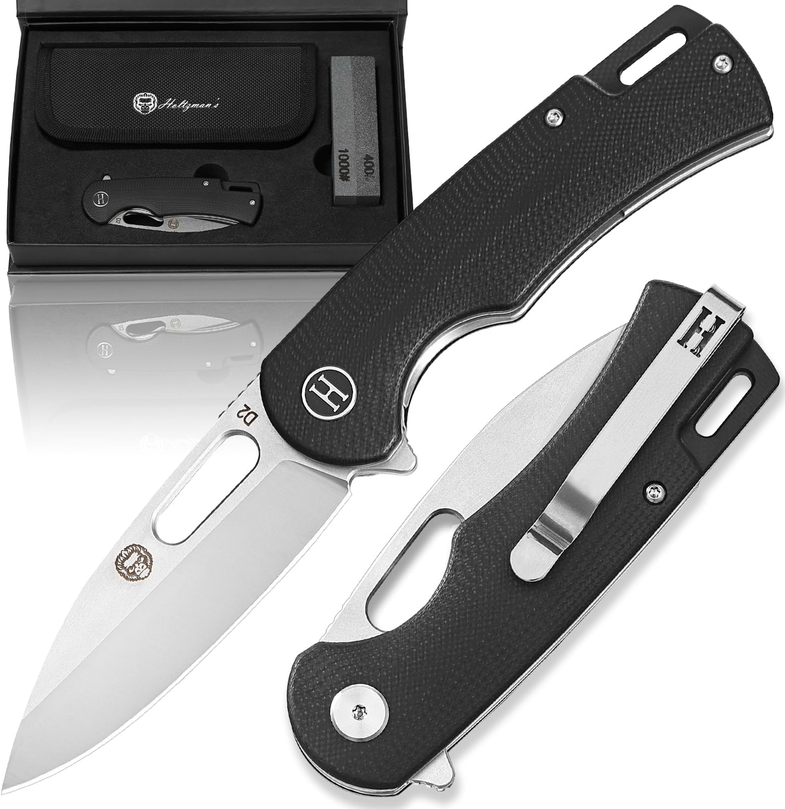 Holtzman's Gorilla Survival Folding Pocket Knife with D2 Steel Blade and G10 Handle (Silver) - EDC Gift Set for Men - Perfect for Everyday Carry