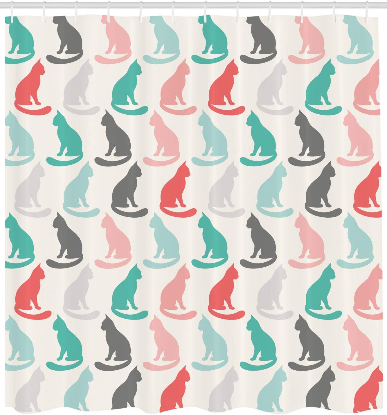 Ambesonne Cat Shower Curtain, Pastel Colored Pattern of Sitting Animal Silhouettes Kittens Pet Repetition Simplistic Illustration, Cloth Fabric Bathroom Set with Hooks, 69" W x 70" L, Turquoise Coral