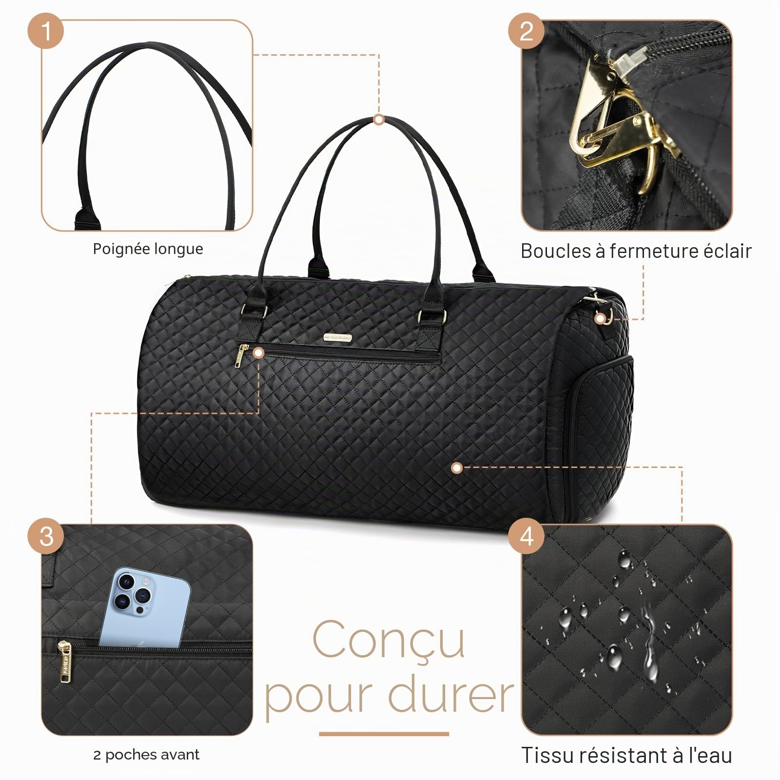 Lekeinchi Sac à Vêtements 2 en 1 pour Femme avec 6 Cubes de Rangement et Compartiment à Chaussures - Sac de Sport pour Avion - Grand Sac de Voyage Pliable pour Week-End, Voyage, Gym - Noir