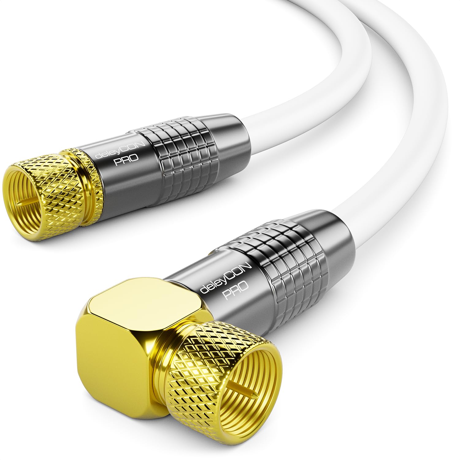 deleyCON 1,5m Cavo Antenna SAT Satellitare Coassiale - HDTV Full HD 4K - Connettore F 90° Angolato a Connettore F Dritto - Bianco