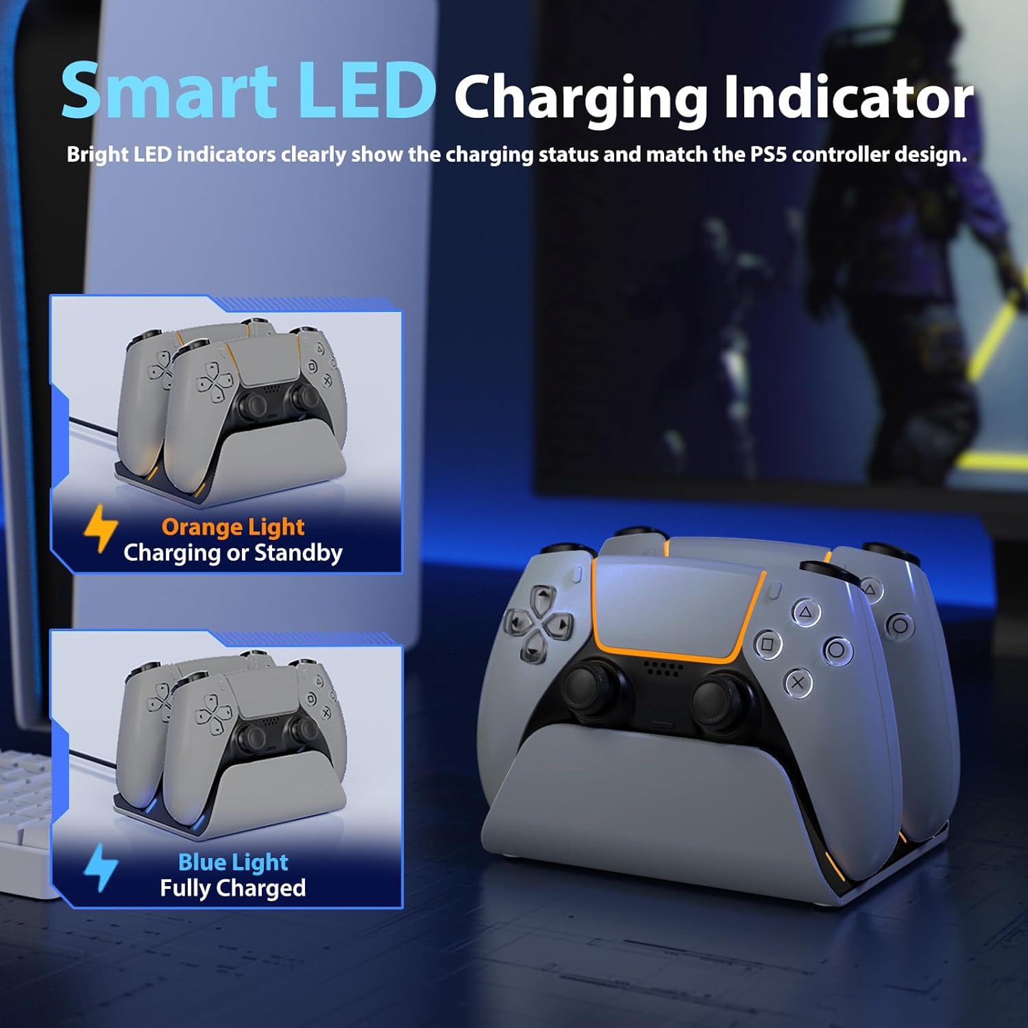 PS5 Controller Charger Station with LED Indicator,Dual Controller Fast Charging Dock,Desktop Display Stand for PlayStation 5 (Grey)