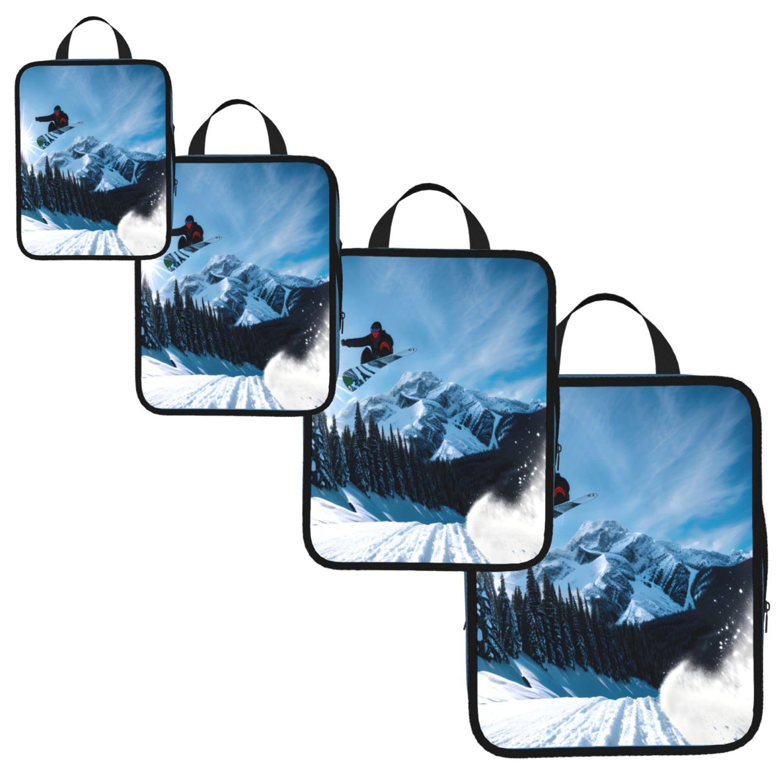 Snowboarding Print 4 Set Compression Packing Cubes for Suitcases,Expandable Storage Bag Organizers