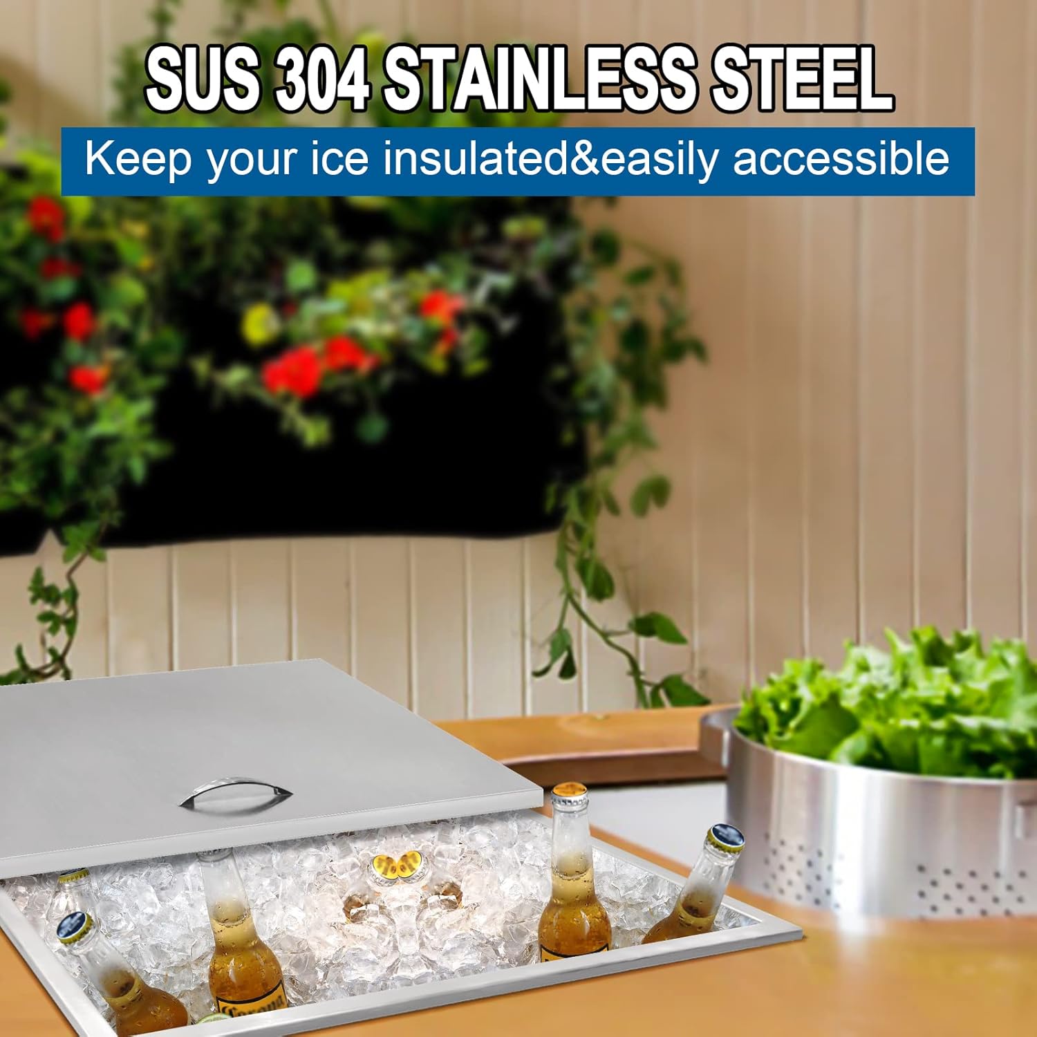 Drop in Ice Chest, Stainless Steel Commercial Ice Bin with Hinged Cover, Outdoor Kitchen Ice Bar for Drinks