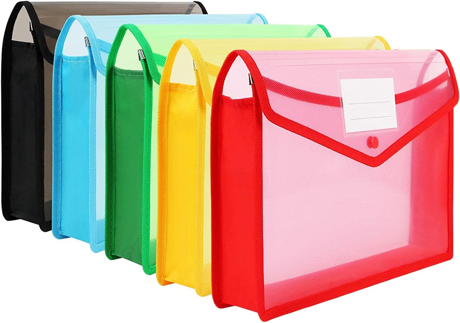 5Pcs/Set A4 Plastic File Folder Poly Envelope Expanding File Wallet Document Organizer with Snap Closure & Label Pocket Clear Colored Waterproof Accordion File Pouch for School Office Home Storage