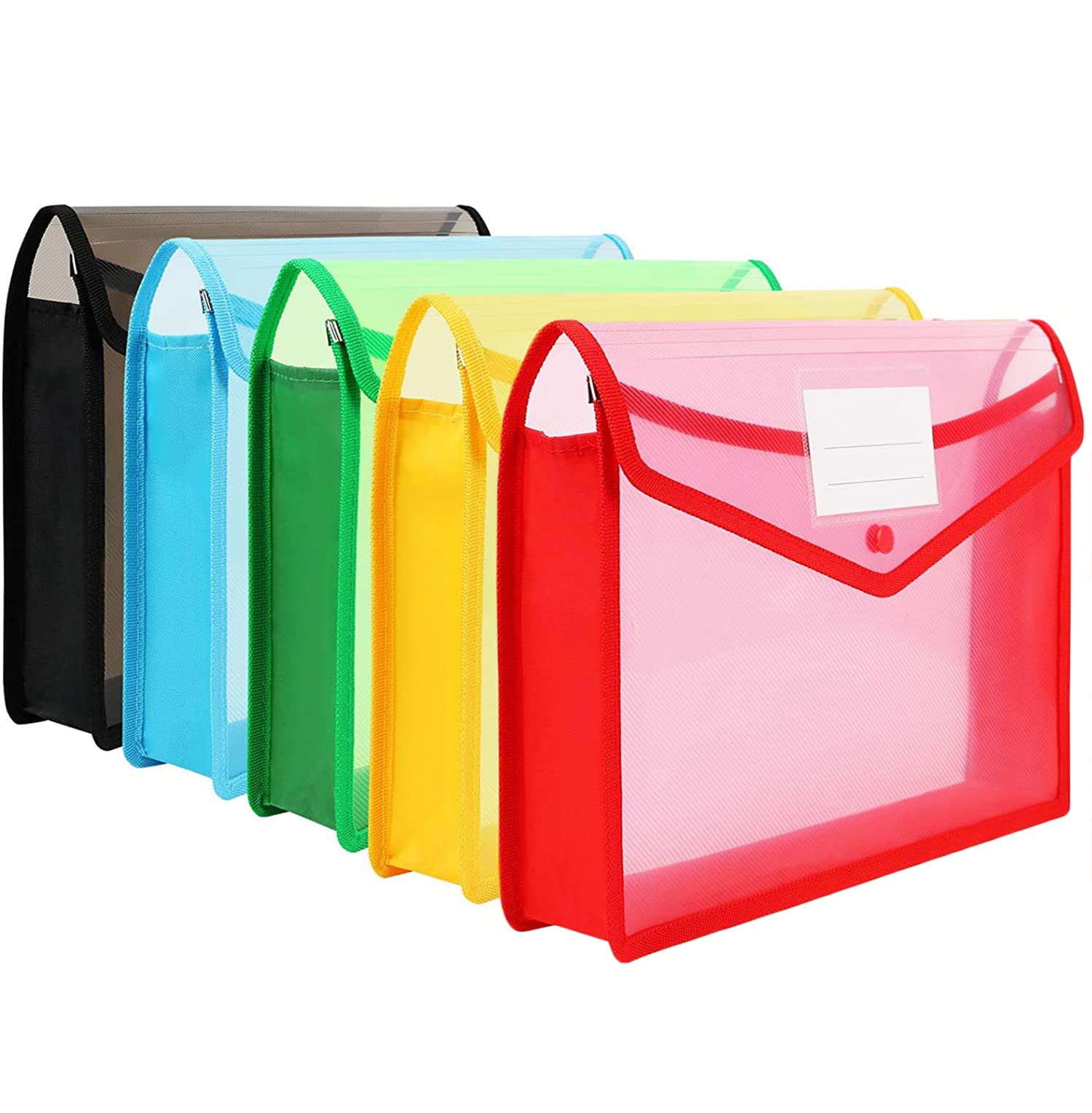 5Pcs/Set A4 Plastic File Folder Poly Envelope Expanding File Wallet Document Organizer with Snap Closure & Label Pocket Clear Colored Waterproof Accordion File Pouch for School Office Home Storage