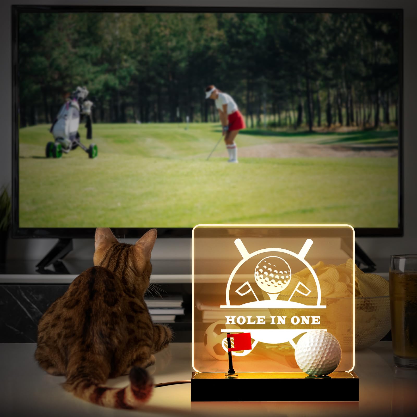 Tioncy Vitrina para pelotas de golf con agujero en uno, soporte iluminado para pelotas de golf con alimentación USB, base de madera y accesorios acrílicos, vitrinas de recuerdos para golfistas,