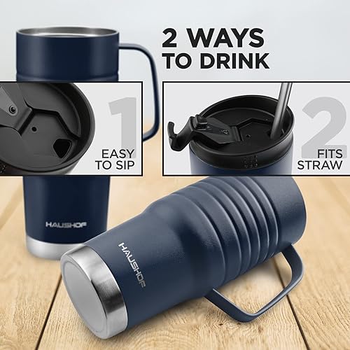 Miniatura 49 de HAUSHOF Taza de viaje de 24 onzas con asa, taza de café aislada al vacío de acero inoxidable, tazas de viaje de doble pared con tapa a prueba