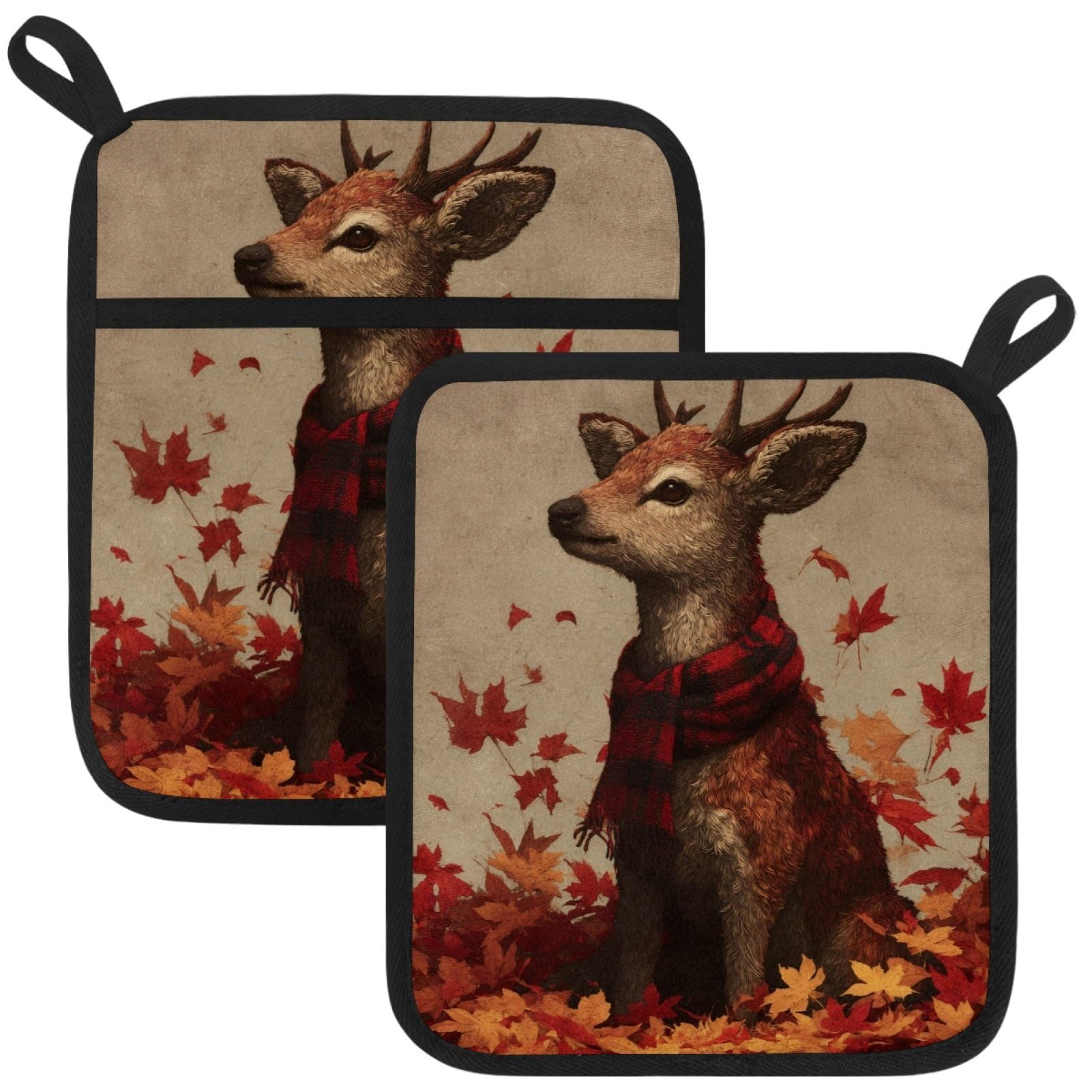 VAPOKF Maple Leaf Sika Deer Pot Holders with Pocket for Kitchen Heat Resistant Potholders Large Polyester-Cotton Square Oven Mitts Set