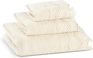 Zahari Home 3-Piece Crochet Beige Laced Cotton Towel Set - Soft Plush Absorbent Bath Hand Towel Washcloth for Bathroom Decor