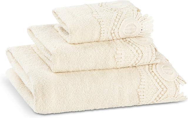 Ensemble de serviettes en dentelle Zahari Home 3 pièces - Serviettes en coton doux et pelucheux avec serviette à main et gant de toilette - Serviettes hautement absorbantes pour salle de bain, gymnase, hôtel et spa (beige crochet)