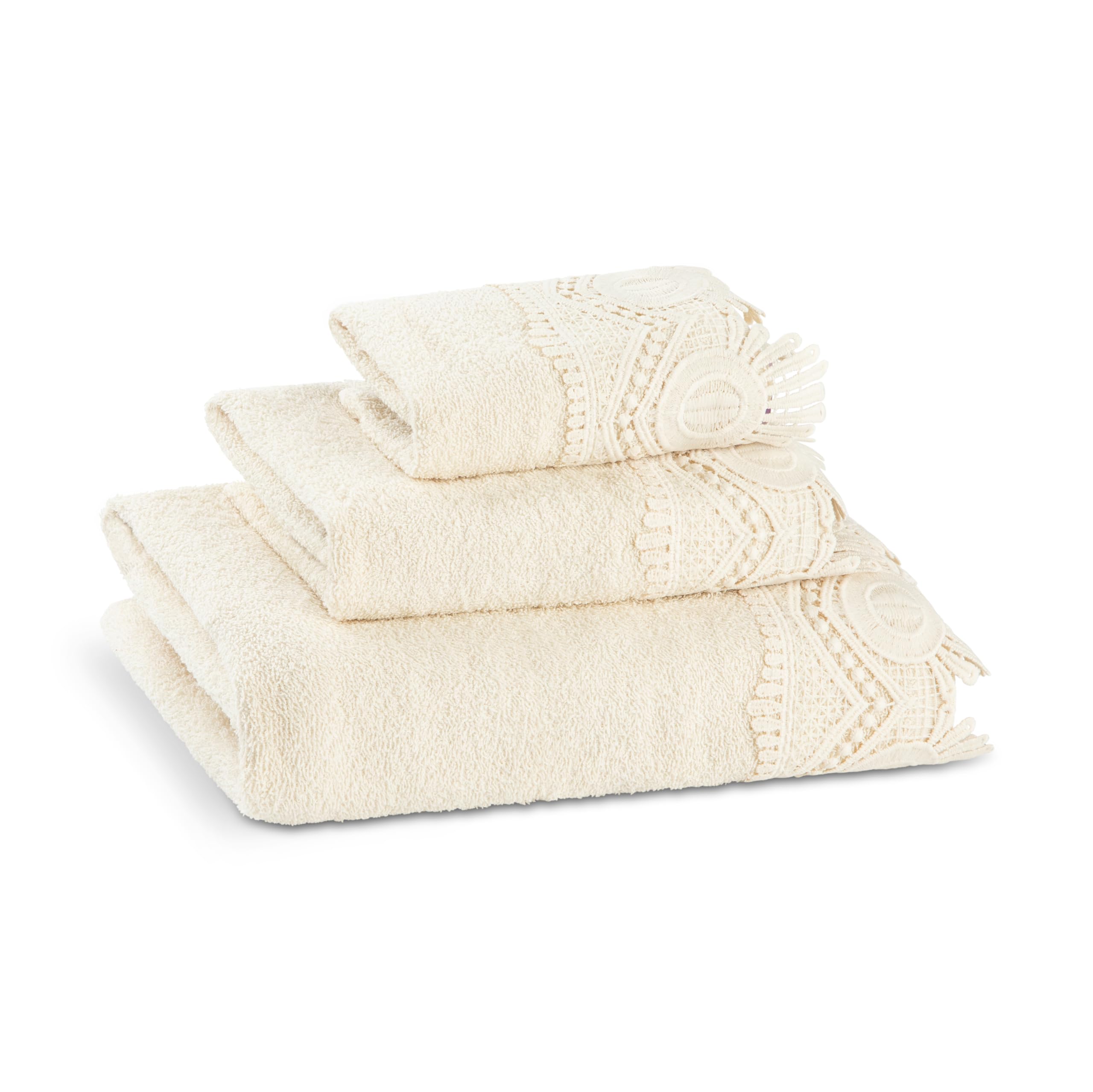 Zahari Home 3 Piece Laced Towel Set - Stylish Soft Plush Cotton Towels with Hand Towel & Washcloth - Highly Absorbent Towels for Bathroom, Gym, Hotel & Spa (Crochet Beige)