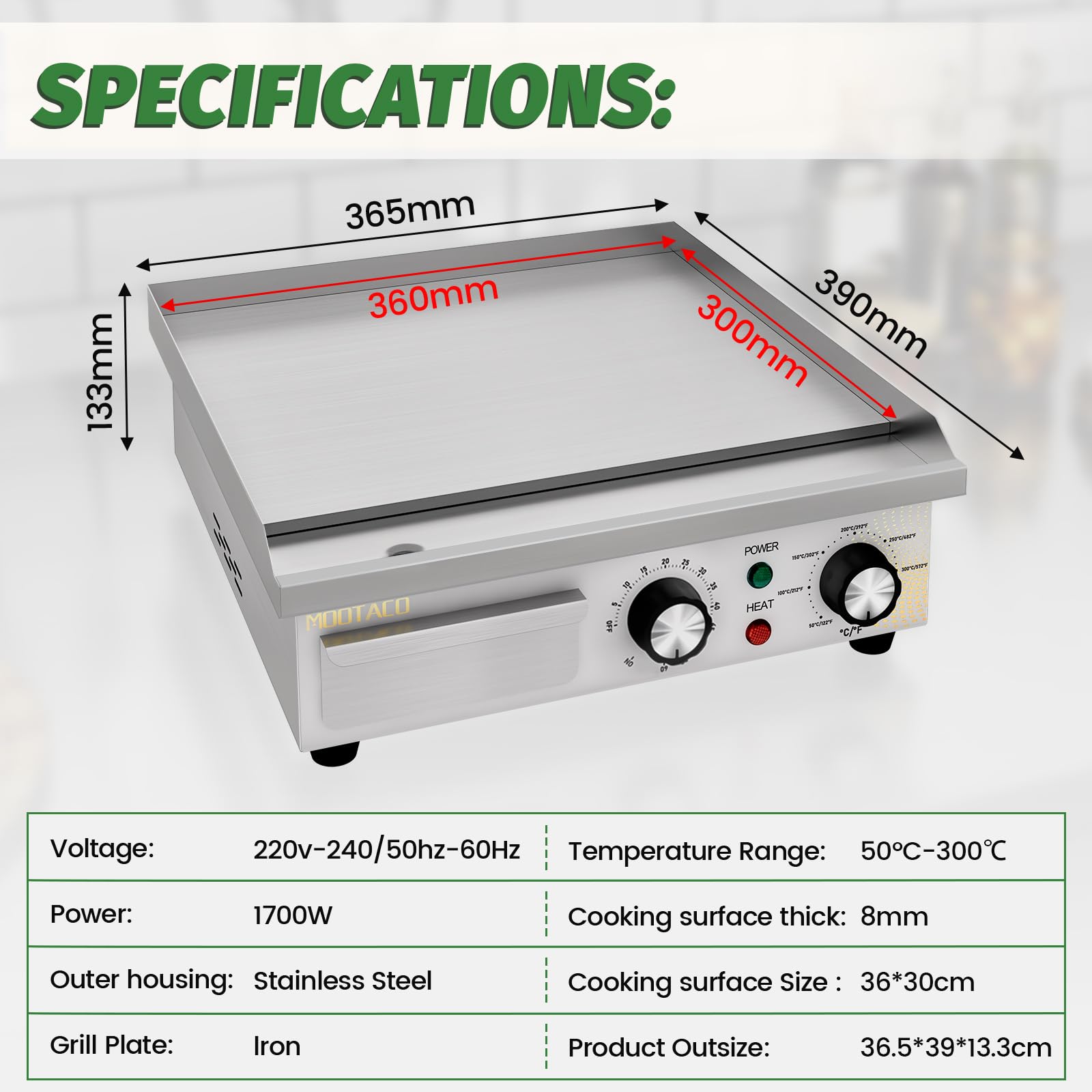 Plancha électrique commerciale en acier inoxydable, 36cm, avec contrôle de température réglable,minuterie,barbecue