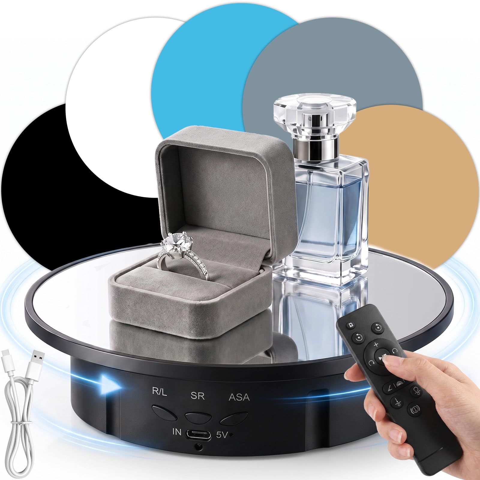 Elektrisch drehbarer Plattenspieler - Rotierender Display-Ständer mit 5 Hintergrundtafeln, 360-Grad-Fotografie-Drehteller mit Fernbedienung, für Produktfotografie und Live-Streaming-Display, 19,8 cm