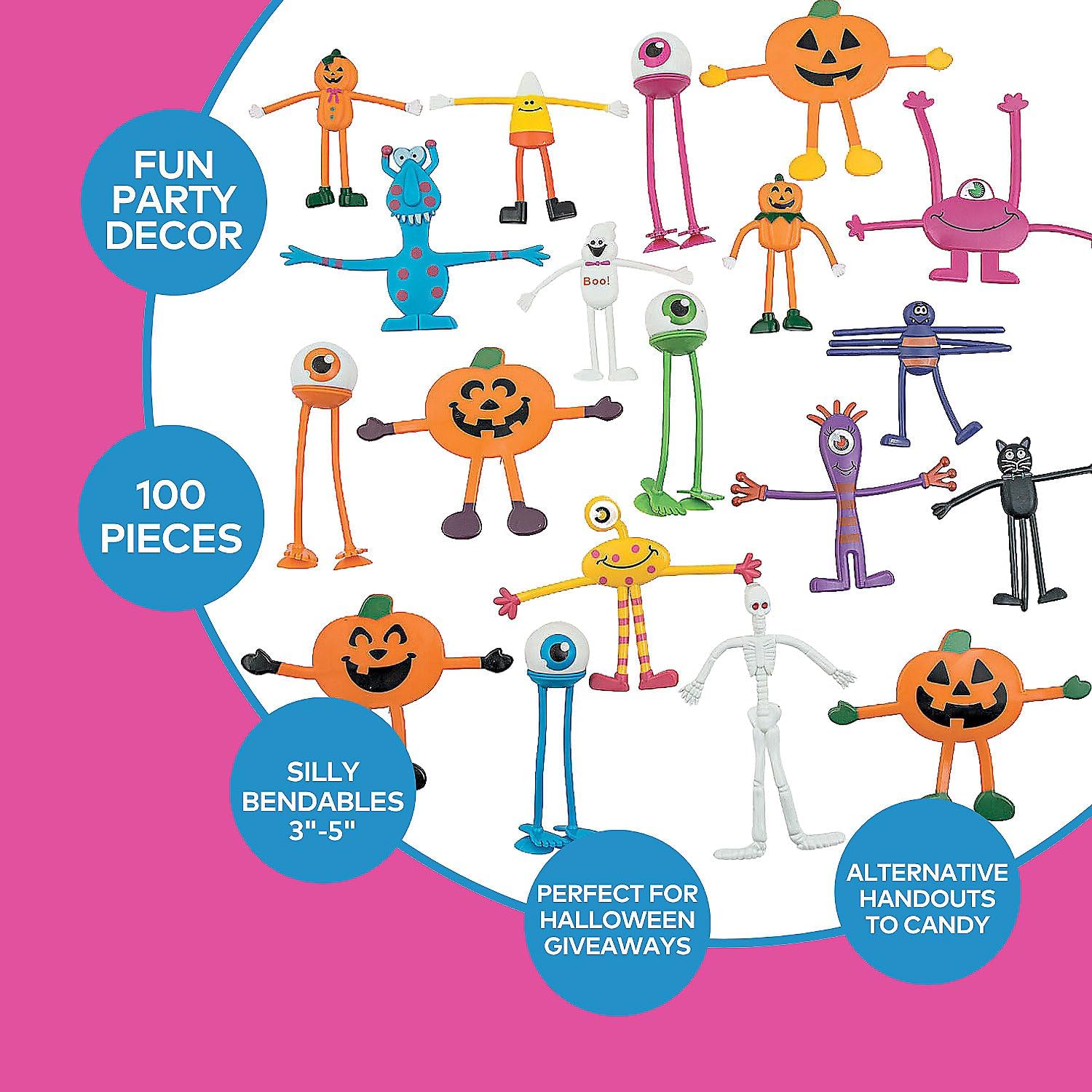 Fun Express 3"-5" Halloween Mega Bendable Assortment - 100 Assorted Character Toys for Trick-or-Treat, Parties & Decor - Perfect for Halloween Fun