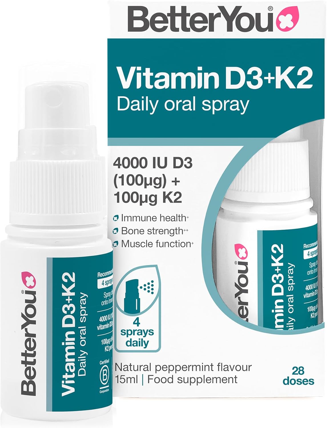 BetterYou Vitamin D3 K2 Oral Spray, Fast Acting Vitamin D 4000 IU + Vitamin K2 (MK7) Supplement, Supports Bones, Teeth, Immune System & Blood Clotting, 1-Month Supply, Natural Peppermint Flavour