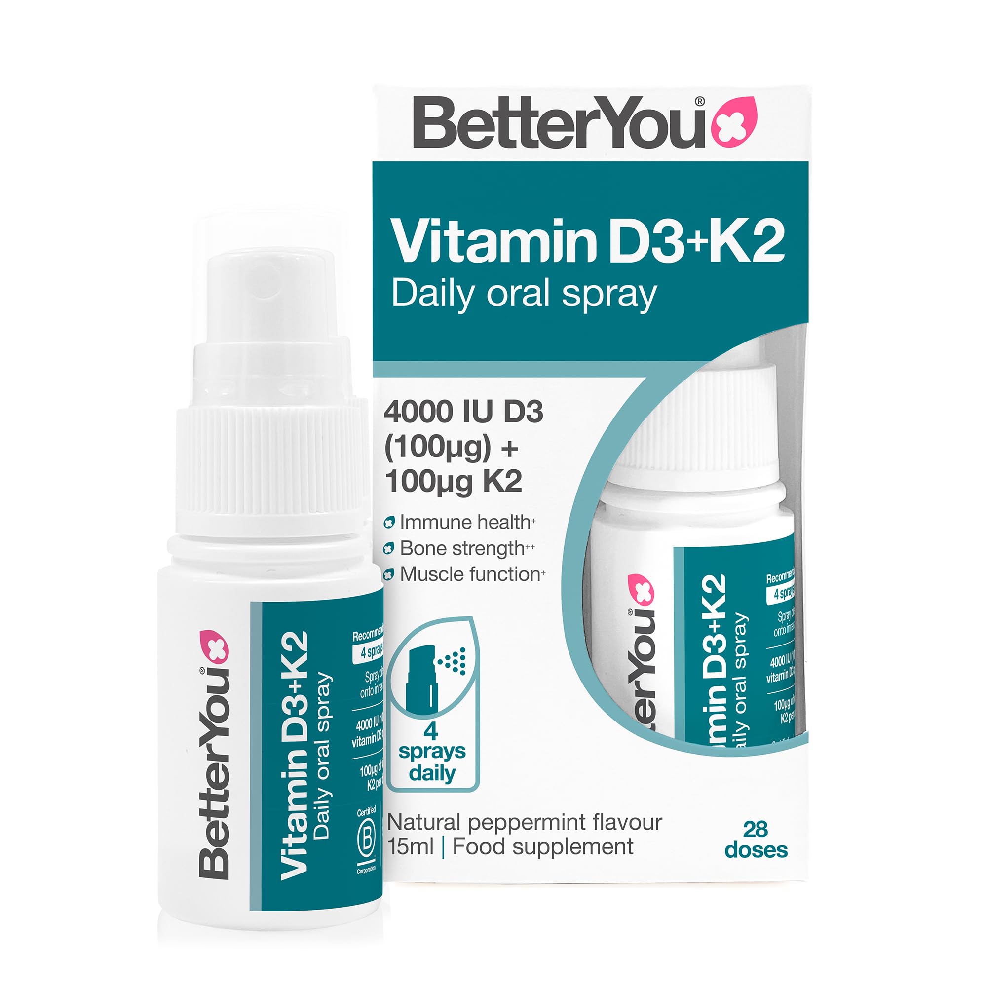 BetterYou Vitamin D3 K2 Oral Spray, Fast Acting 15 ml (Pack of 1), Clear