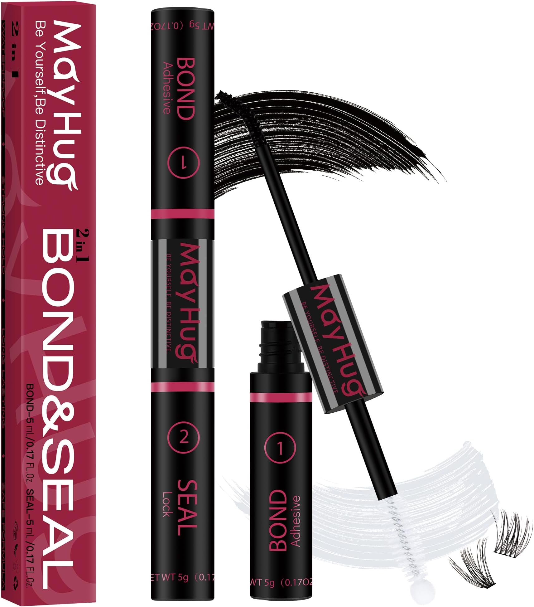 Mayhug Lash Bond and Seal Waterproof Lash Glue Long Lasting 72H Strong Hold Eyelash Glue for Clusters 2 in 1 Adhesive and Sealant DIY Lash Extension (5ml+5ml)