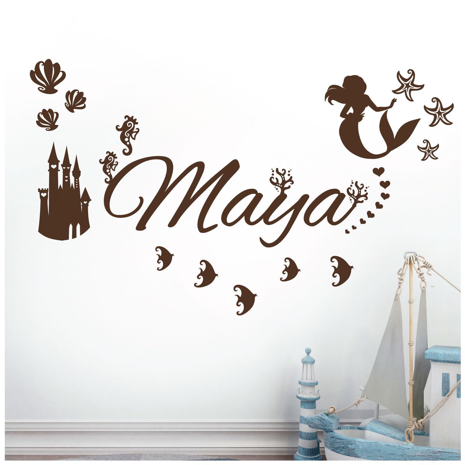 Personalised Name - Little Mermaid Inspired, Ocean, Castle, Starfish - Children's Bedroom Vinyl Wall Decal Sticker [Medium] [Chocolate] — image 1