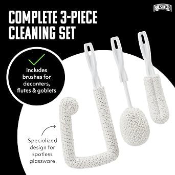 Brushtech 3-Piece Sommeliers Washing Kit - USA Made Glass Cleaning Brushes with Tapered Foam Heads for Decanters, Flutes, Goblets - Scratch-Free Handles & Long-Lasting Shape Retention