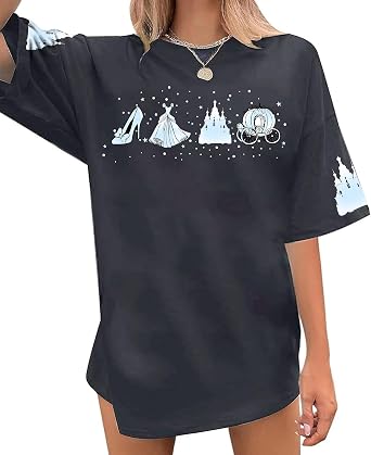 Oversized Magical Shirts for Women Fairy Pumpkin Carriage Print Graphic Casual Vacation Short Sleeve Tee Tops