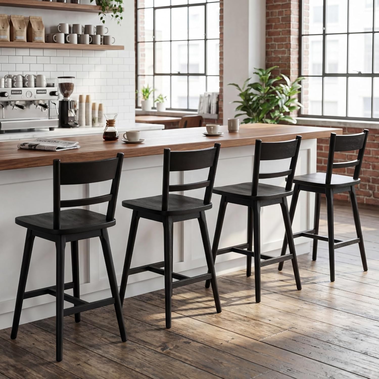 CIMOTA Swivel Counter Height Bar Stools Set of 4, 24.5" Mid-Century Modern Barstools with Solid Wood Back & Seat, Kitchen Island Bar Chairs for Dining Room, Black Wood Finish