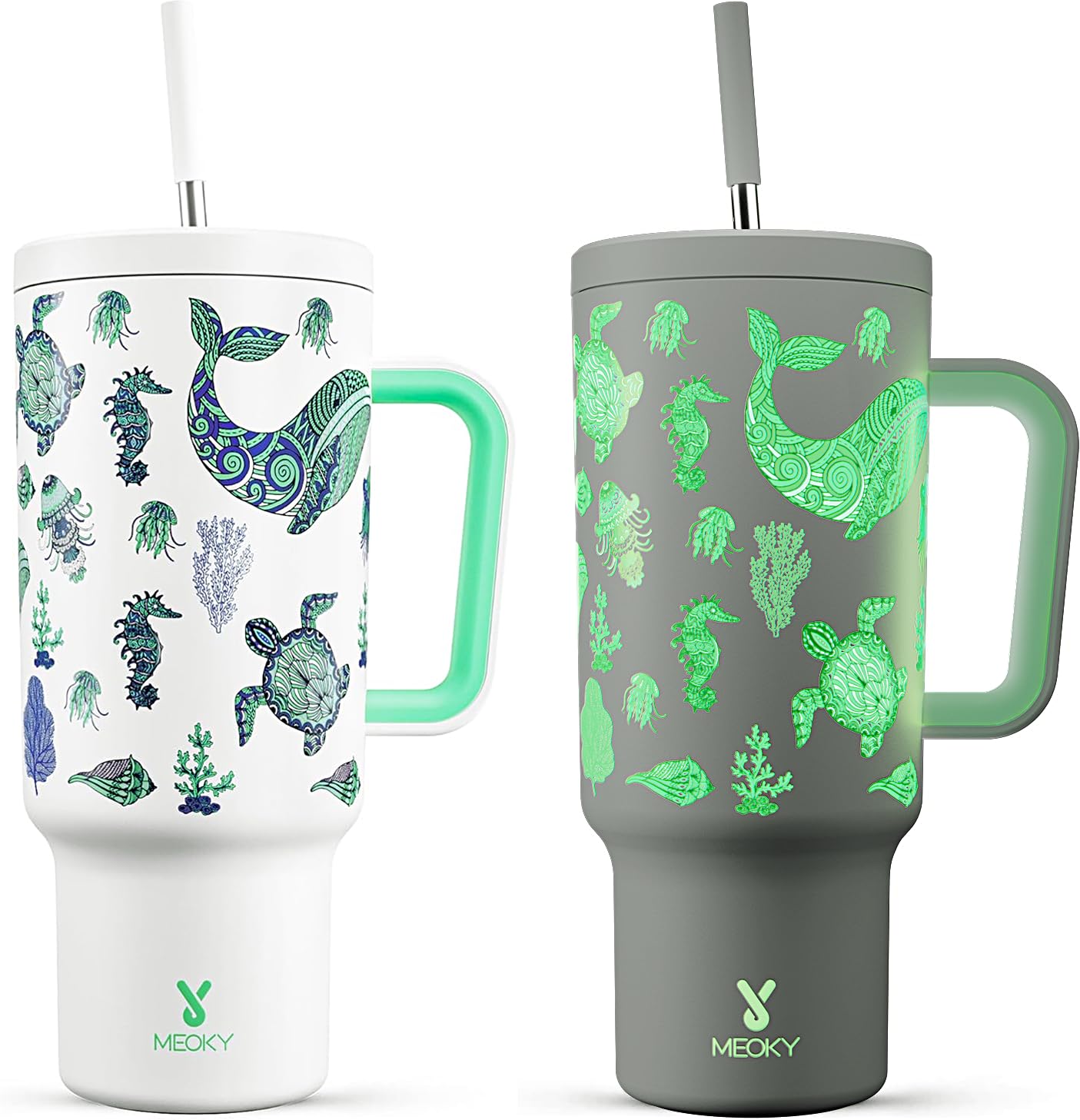 Meoky 40 oz Glow in the Dark Tumbler with Handle and Straw, Tumbler with Lid and Straw, Insulated Stainless Steel Travel Mug, 100% Leak-proof, Keeps Cold for 34 Hours (Sea Life)