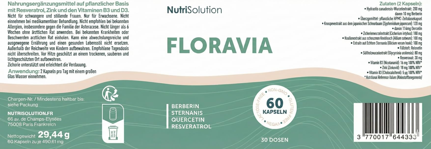 Floravia von NutriSolution I Resveratrol, Zink, Vitamin B3, Vitamin D3, Berberin, Quercetin, Inulin I 'Absorption des Nutriments, Probiotiques, à base de Plantes I Made in France (3)