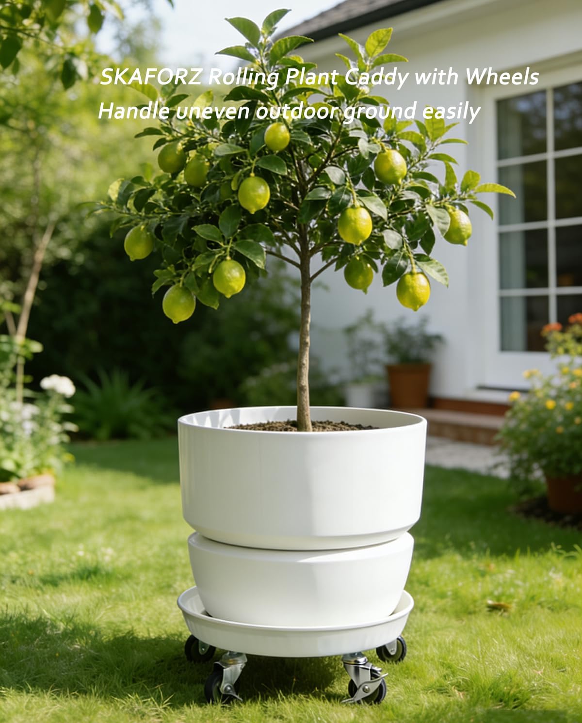 Rolling Planter Caddy(470lbs Capacity), Heavy Duty Metal Plant Stand with Brake Wheels Plant Dolly Mover Plant Pot Tray Saucer for Indoor Outdoor 18inches White
