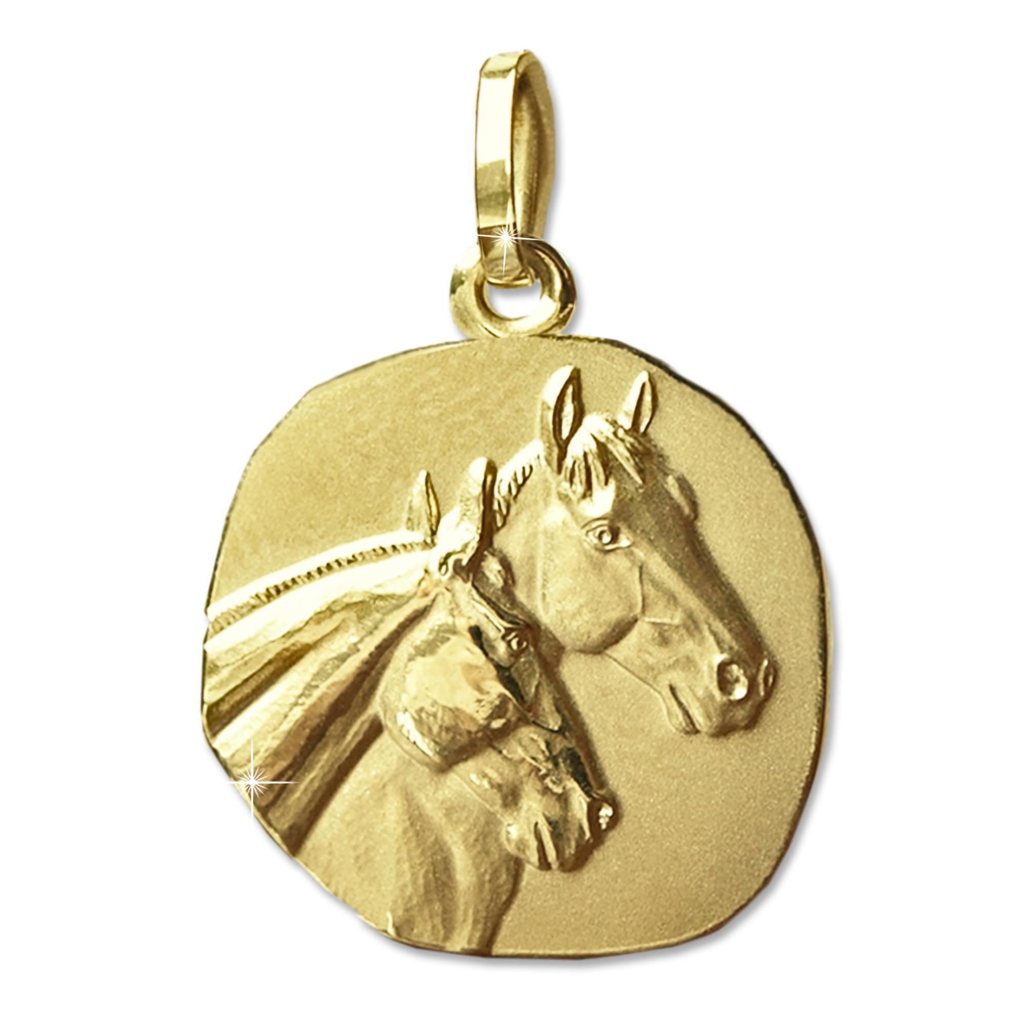 CLEVER SCHMUCK Pferde Halskette Gold als Medaille 22 mm Pferdeköpfe teilmatt + Panzerkette 45 cm STERLING SILBER 925 vergoldet im Etui anthrazit